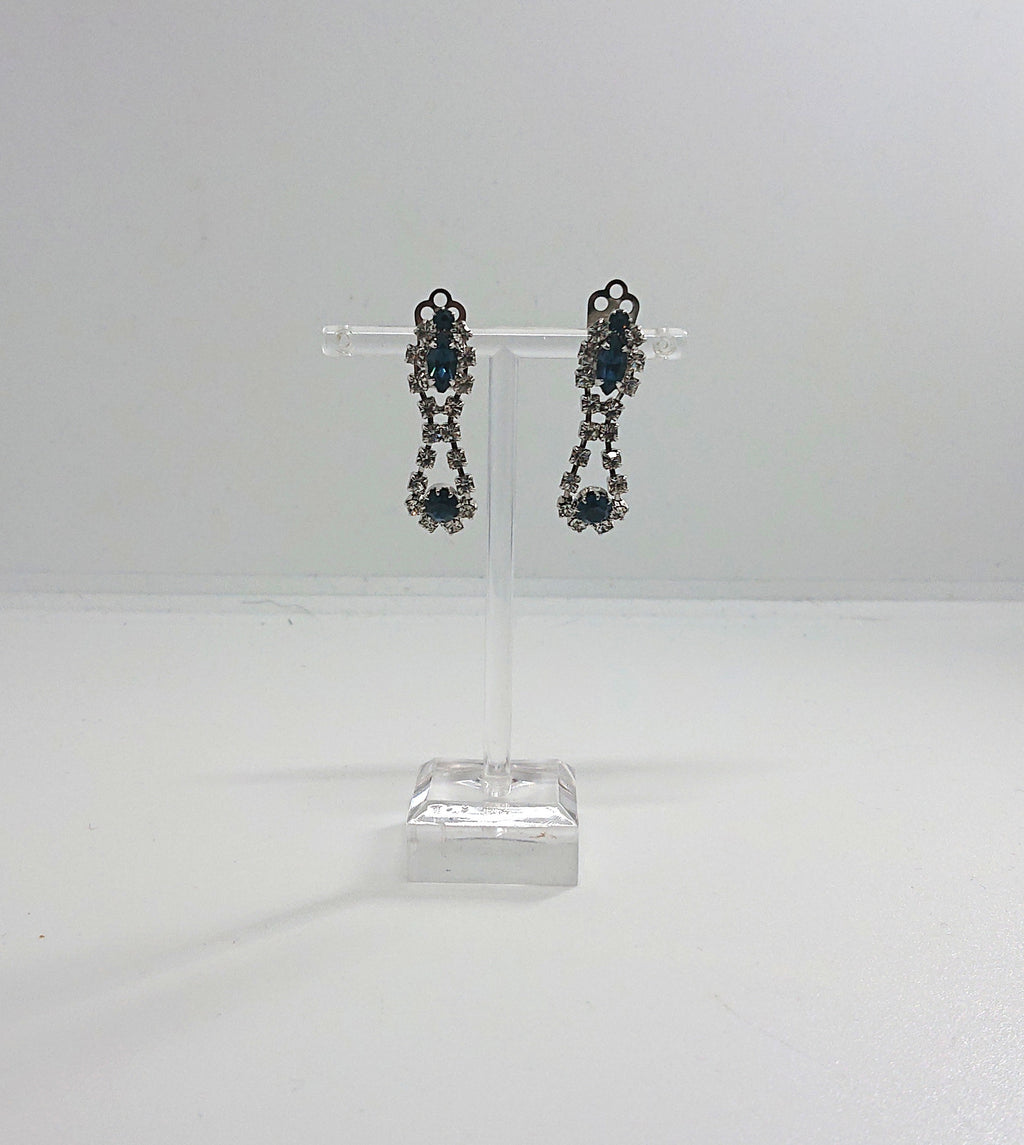 Vintage Sapphire Rhinestone Drop Earrings, Gold Tone Costume Jewelry