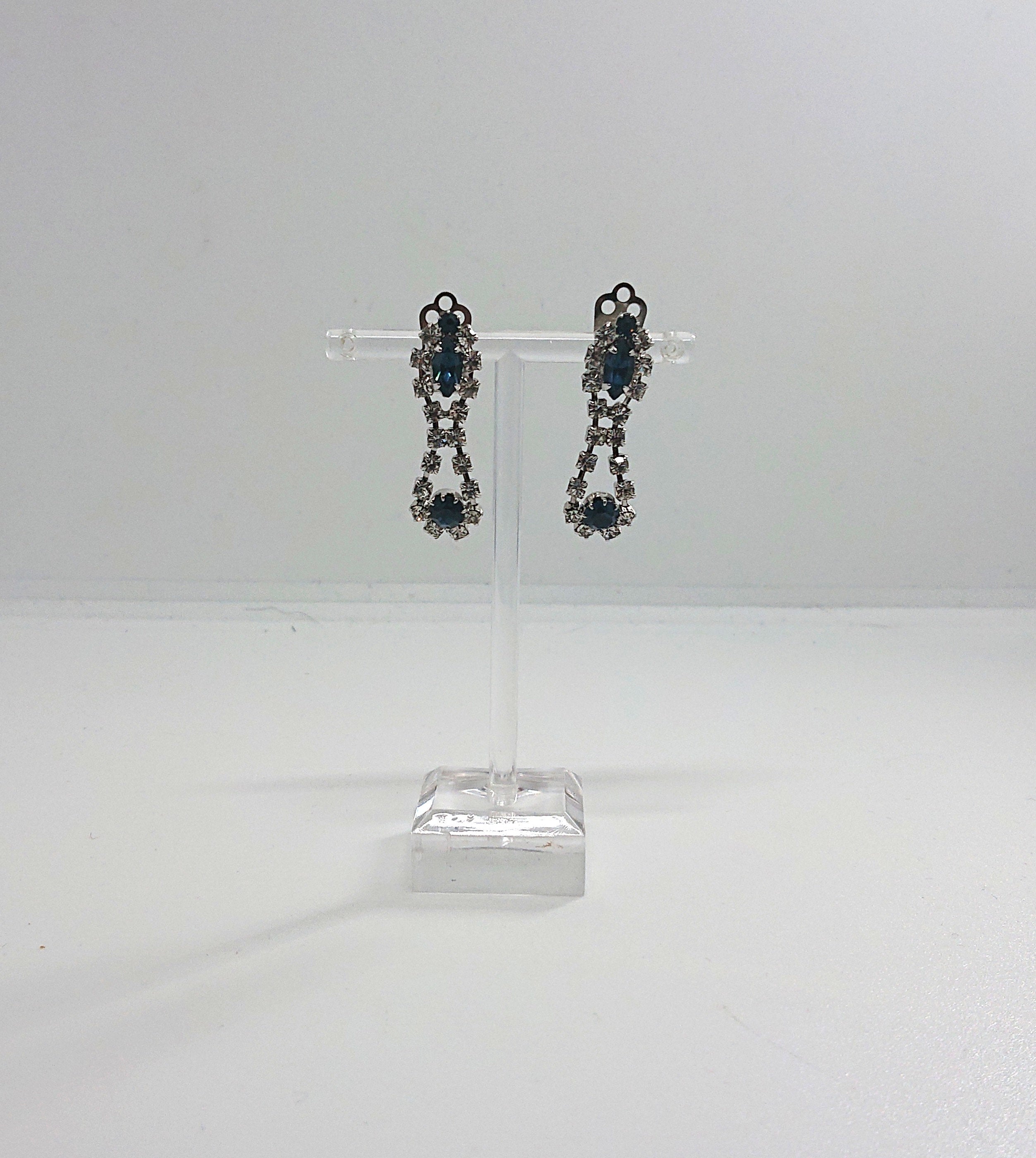 Vintage Sapphire Rhinestone Drop Earrings, Gold Tone Costume Jewelry