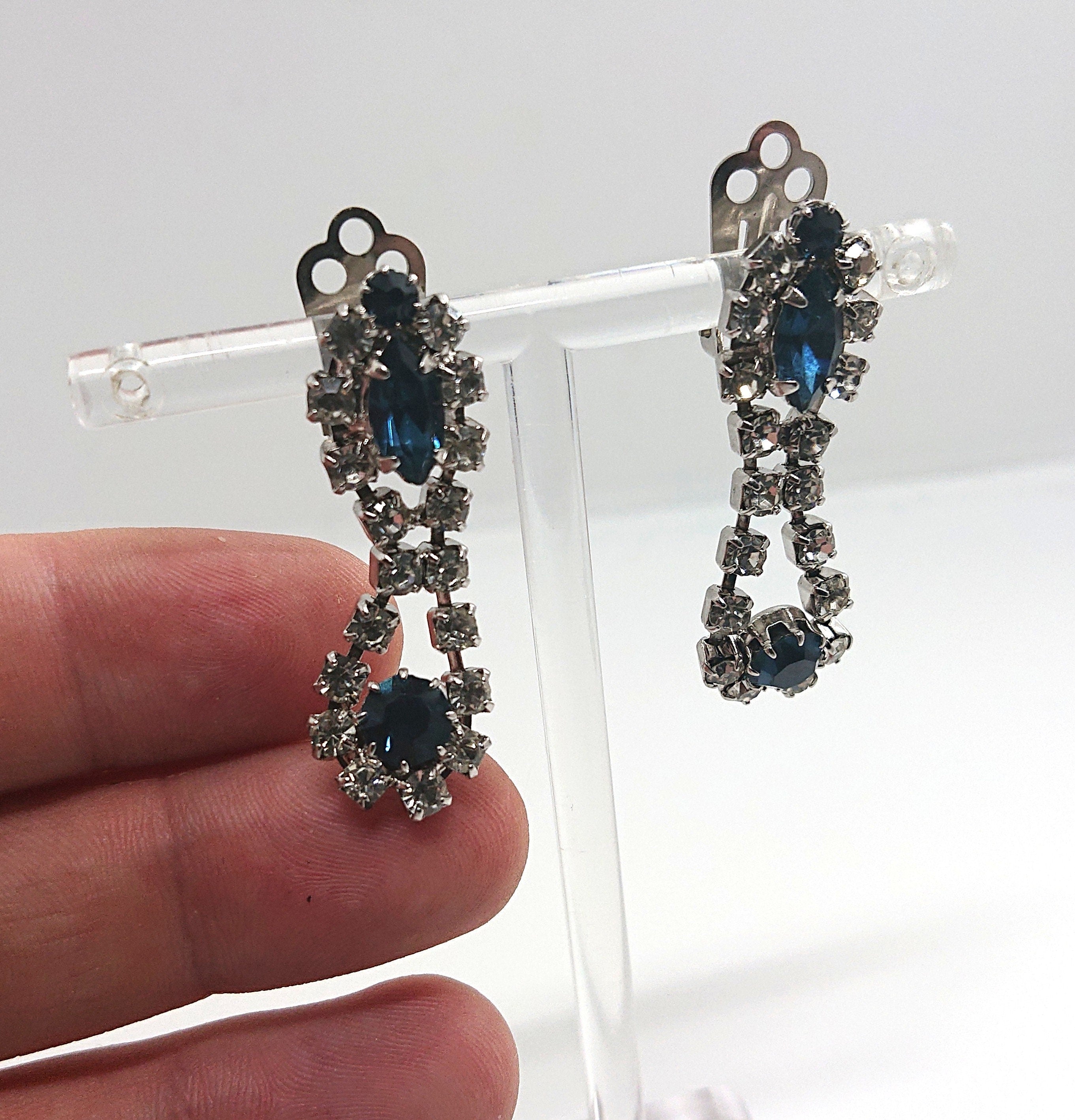 Vintage Sapphire Rhinestone Drop Earrings, Gold Tone Costume Jewelry