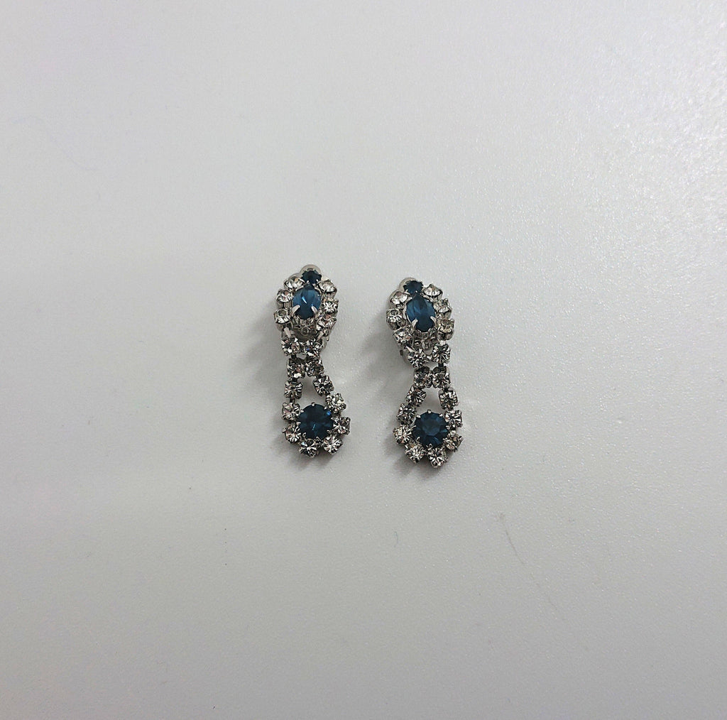 Vintage Sapphire Rhinestone Drop Earrings, Gold Tone Costume Jewelry