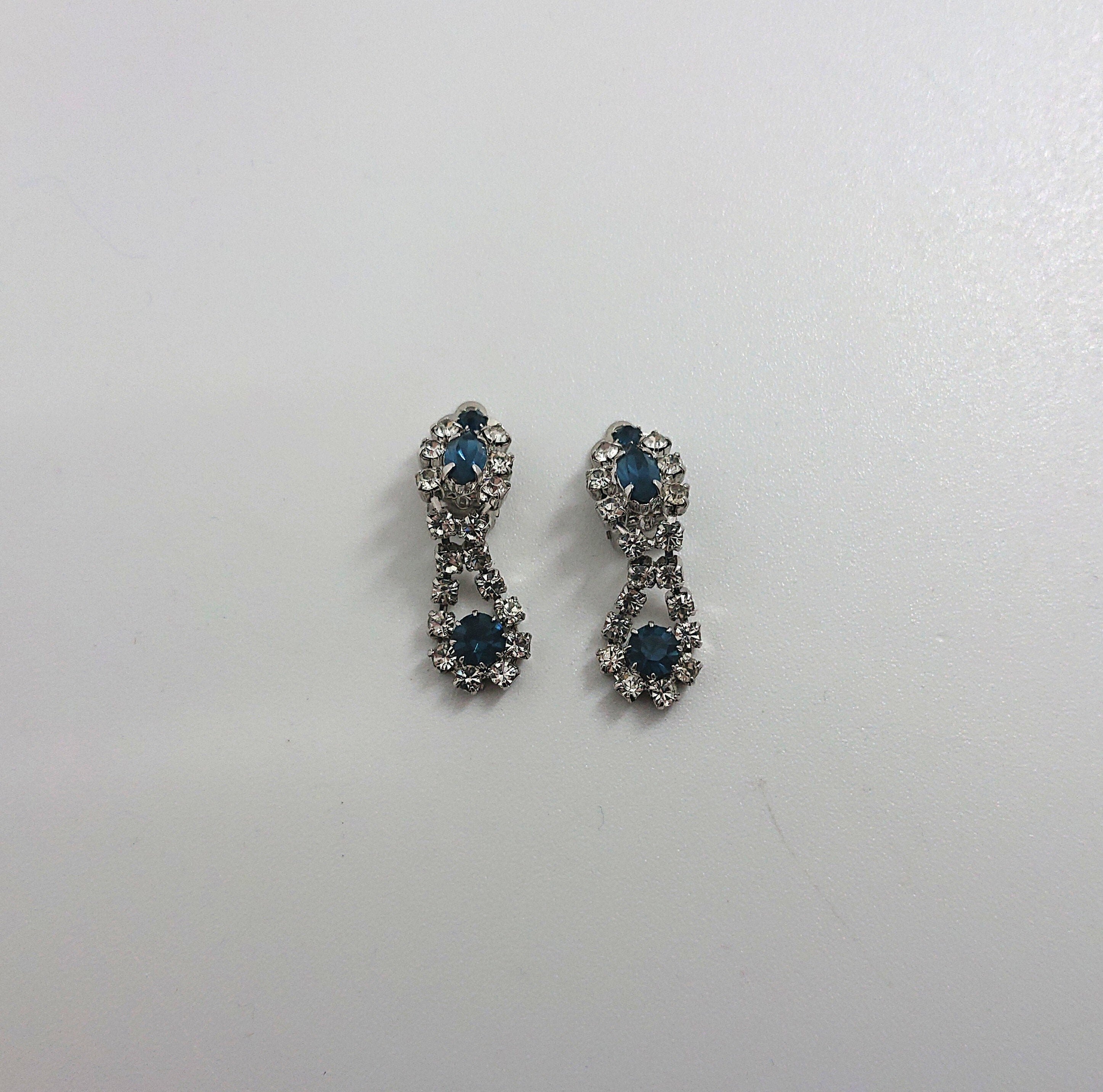 Vintage Sapphire Rhinestone Drop Earrings, Gold Tone Costume Jewelry