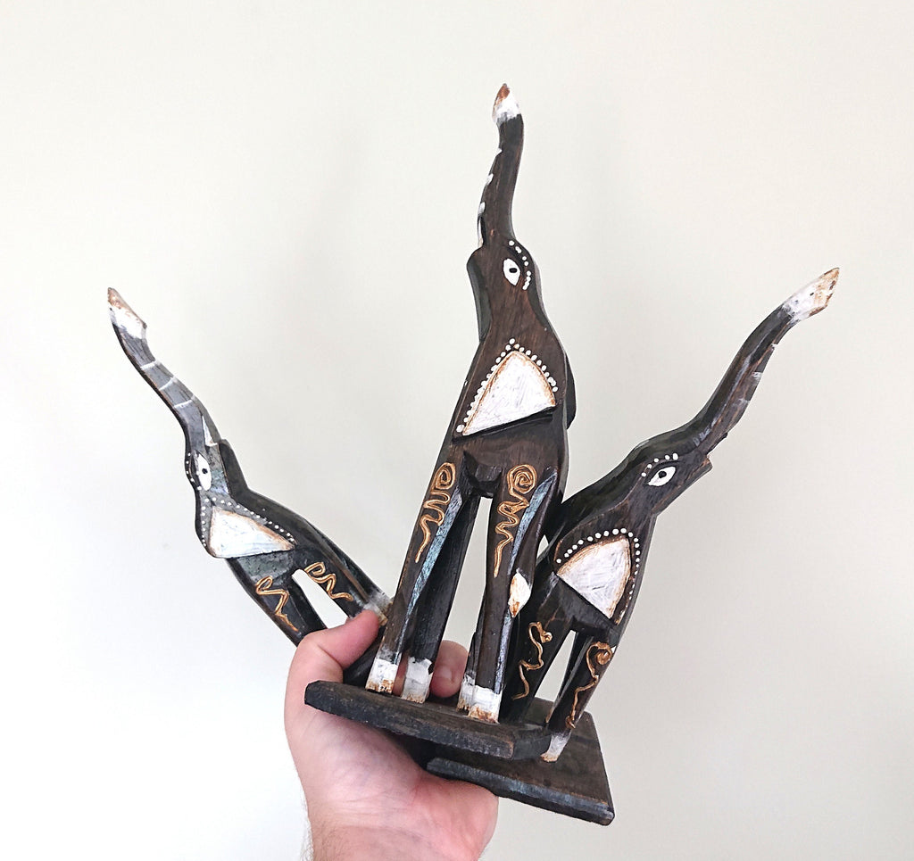 Vintage Wooden Elephant Set of 3 Boho African Inspired Elephant Figurine Ornament