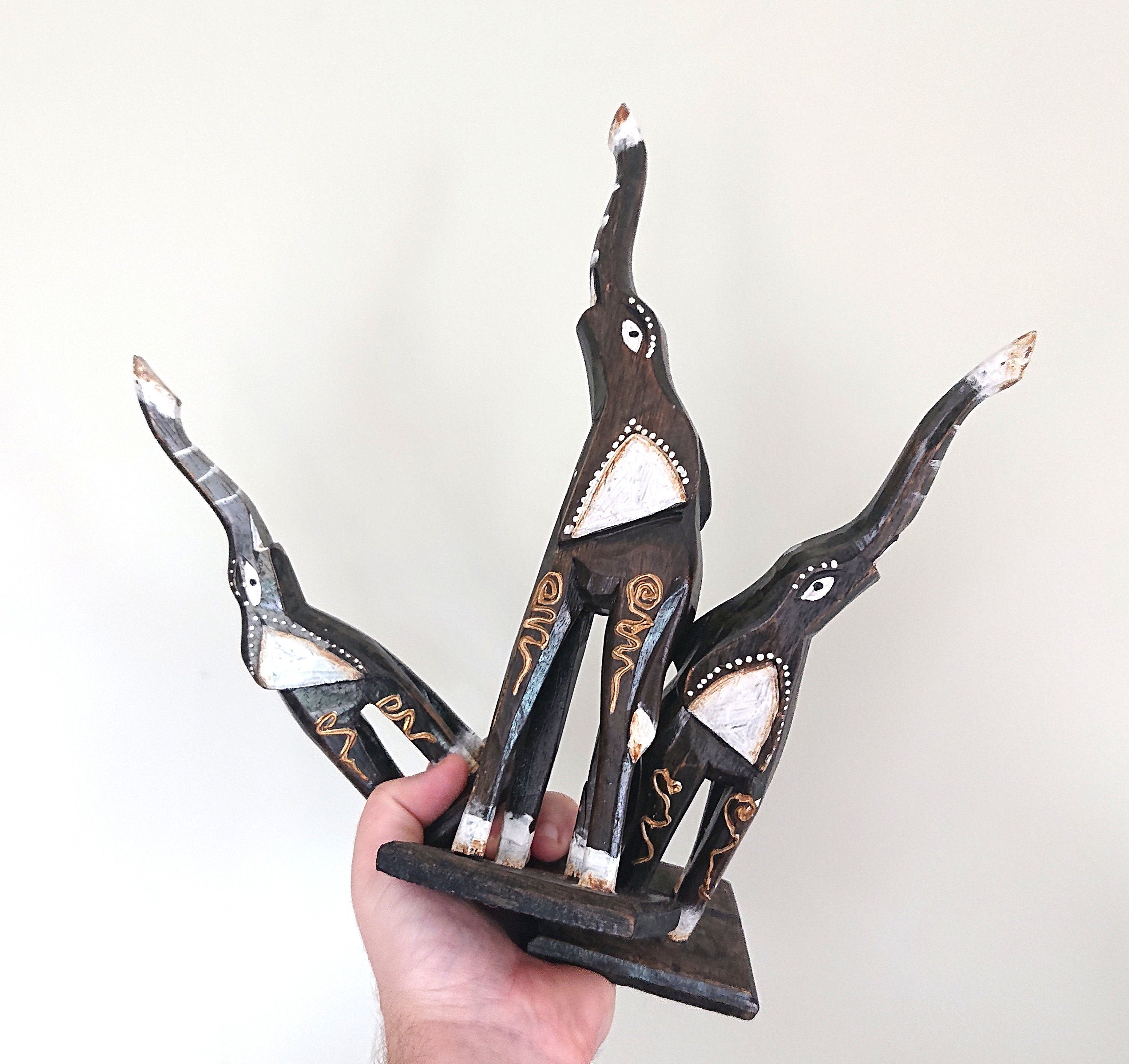 Vintage Wooden Elephant Set of 3 Boho African Inspired Elephant Figurine Ornament