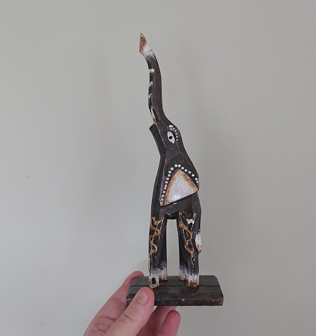 Vintage Wooden Elephant Set of 3 Boho African Inspired Elephant Figurine Ornament