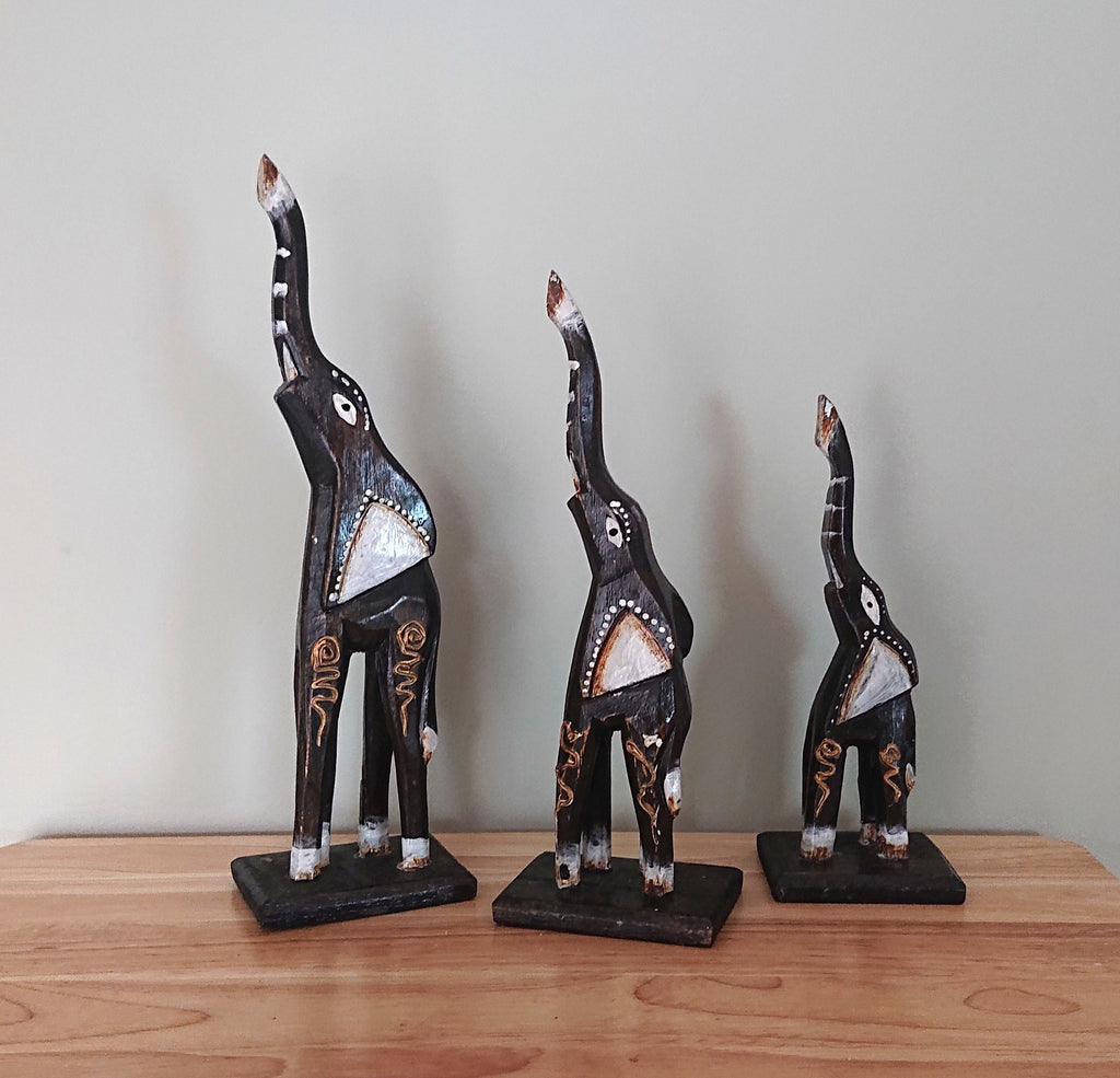 Vintage Wooden Elephant Set of 3 Boho African Inspired Elephant Figurine Ornament