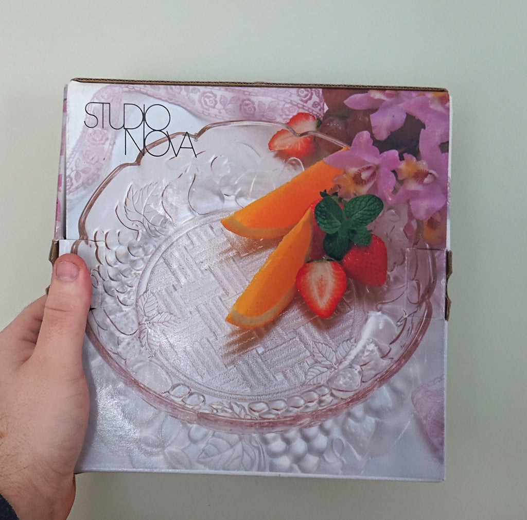 Vintage Dish Studio Nova Boxed Pink Fruit Bowl, Key Dish Glass Bowl Serving Bowl Floral Serving Dish