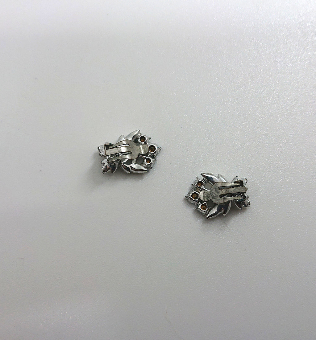 Vintage Earrings Floral Earrings clip on Sapphire and Diamond Rhinestone Costume Jewellery Jewelry Gift for Her