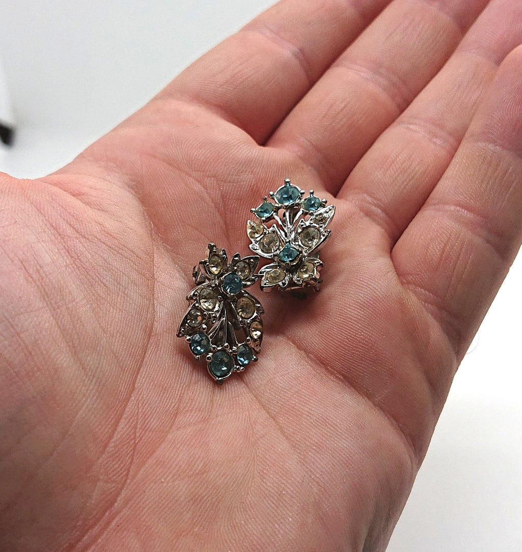 Vintage Earrings Floral Earrings clip on Sapphire and Diamond Rhinestone Costume Jewellery Jewelry Gift for Her