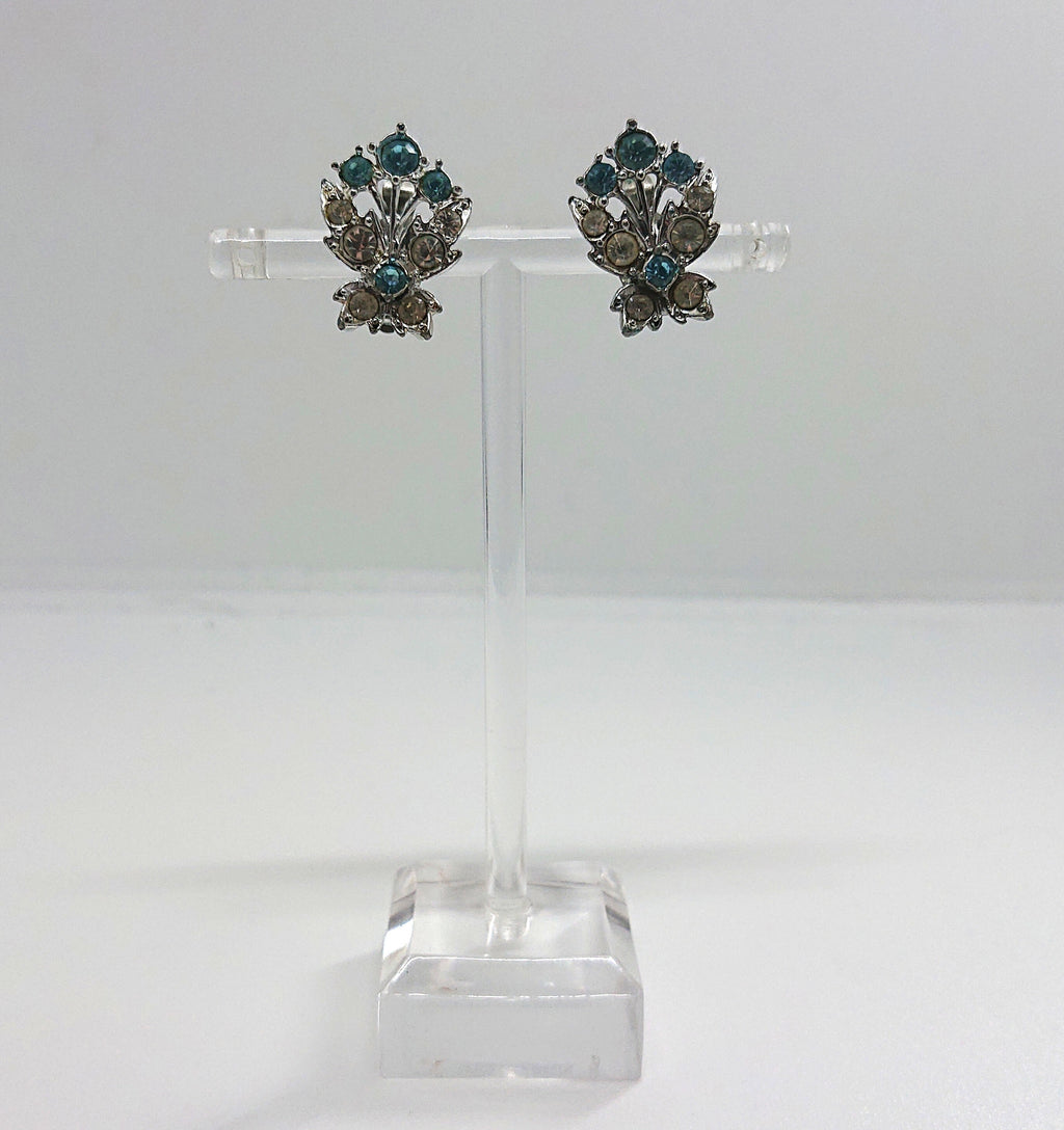 Vintage Earrings Floral Earrings clip on Sapphire and Diamond Rhinestone Costume Jewellery Jewelry Gift for Her