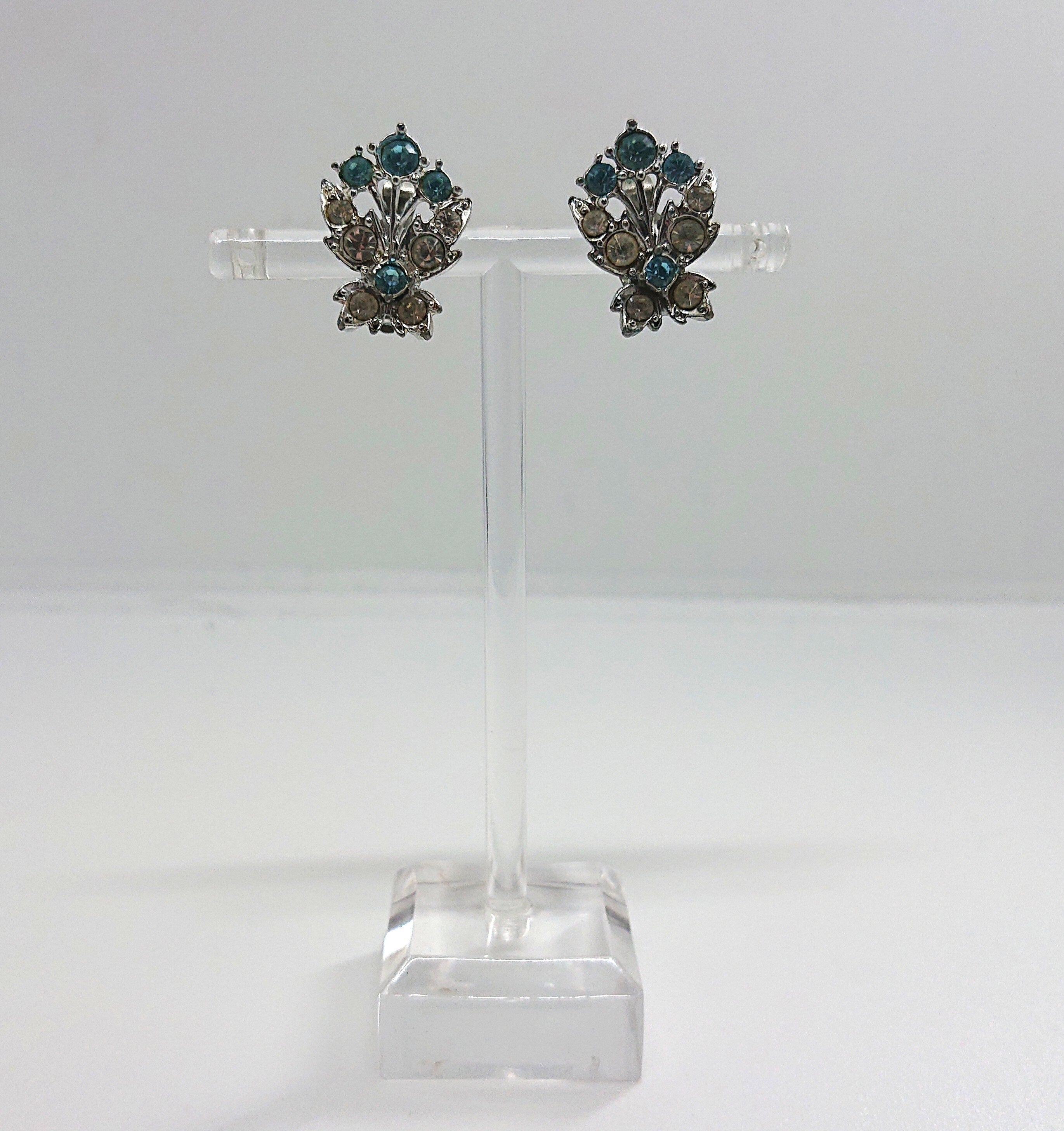 Vintage Earrings Floral Earrings clip on Sapphire and Diamond Rhinestone Costume Jewellery Jewelry Gift for Her