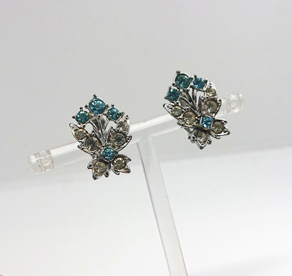 Vintage Earrings Floral Earrings clip on Sapphire and Diamond Rhinestone Costume Jewellery Jewelry Gift for Her
