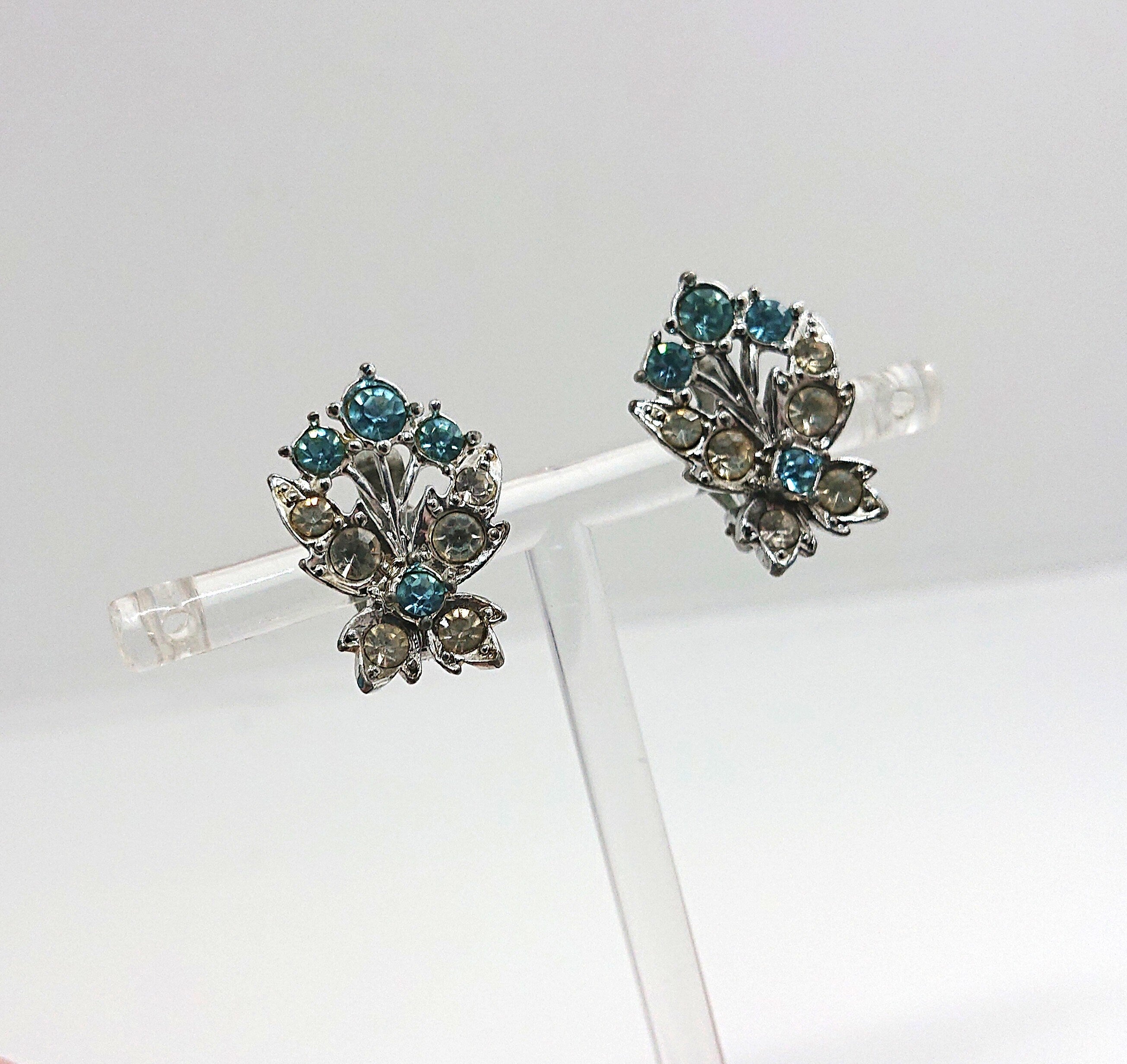 Vintage Earrings Floral Earrings clip on Sapphire and Diamond Rhinestone Costume Jewellery Jewelry Gift for Her