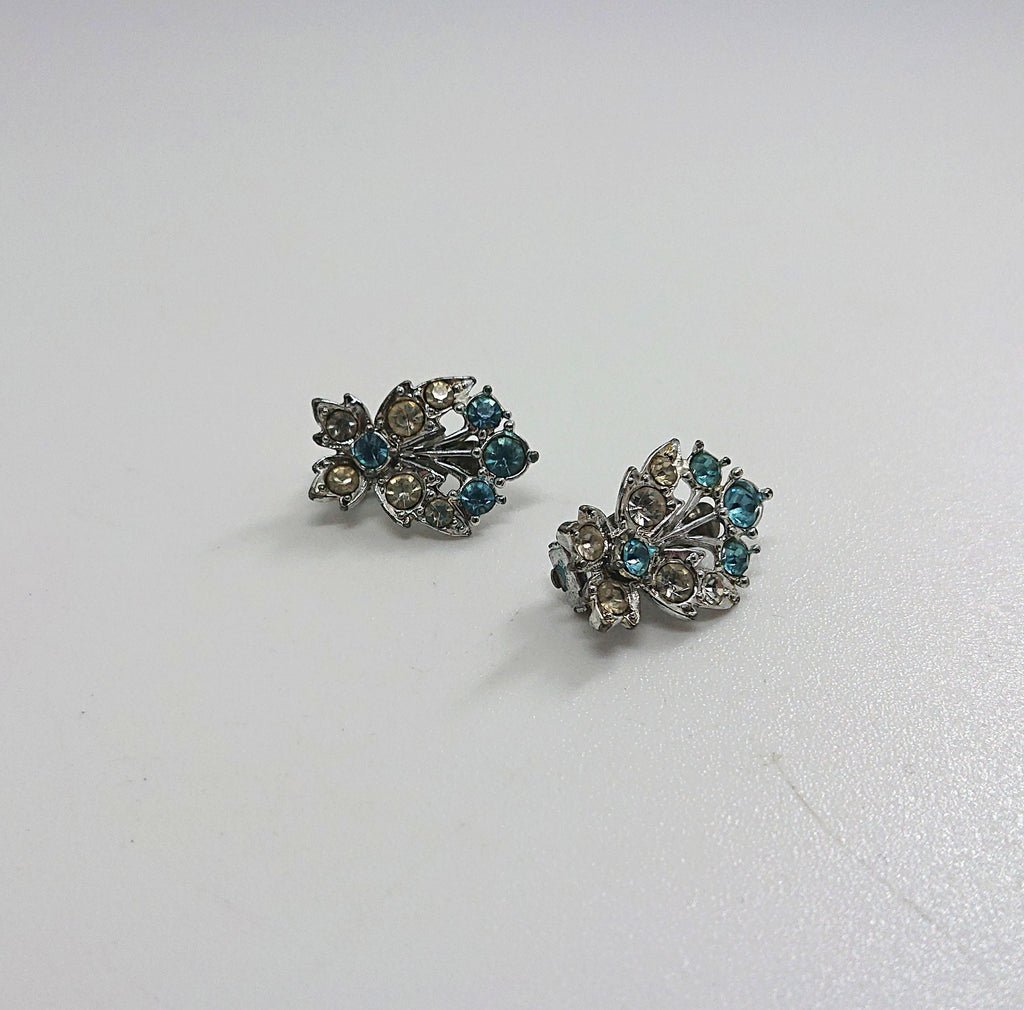Vintage Earrings Floral Earrings clip on Sapphire and Diamond Rhinestone Costume Jewellery Jewelry Gift for Her