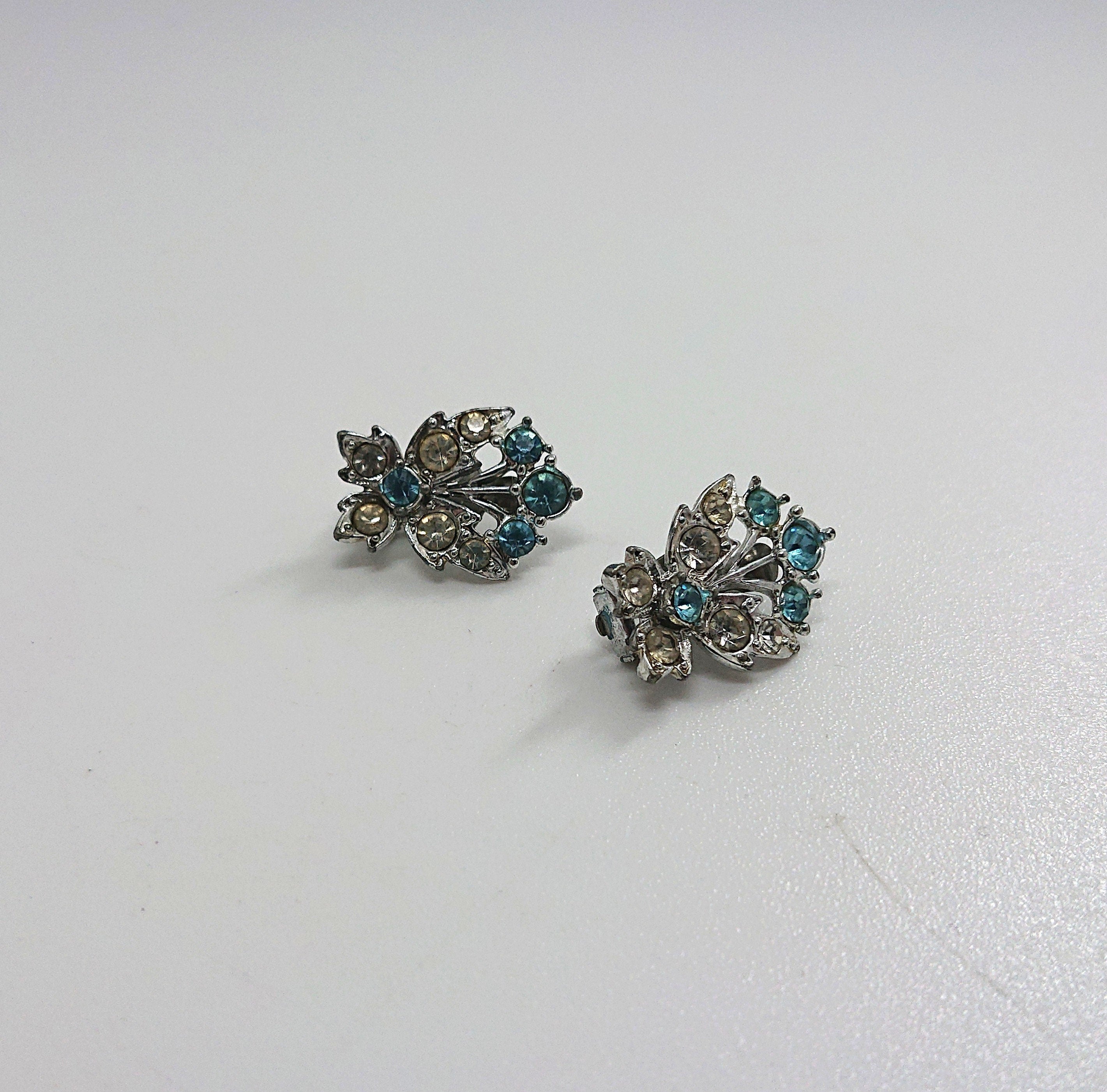 Vintage Earrings Floral Earrings clip on Sapphire and Diamond Rhinestone Costume Jewellery Jewelry Gift for Her