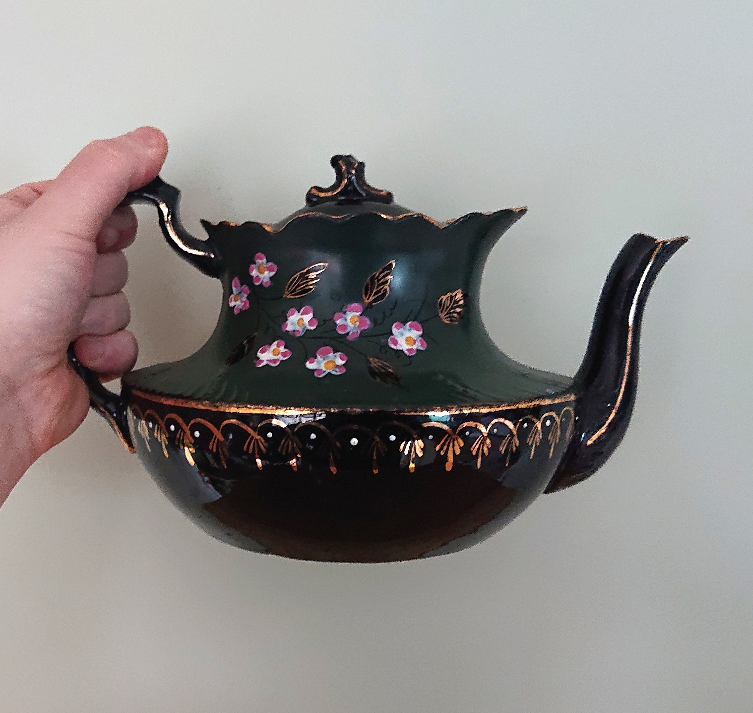 Teapot Antique English Victorian Jackfield Teapot Hand Painted Pansy Decorative Teapot Collectable Ceramic Ornamental
