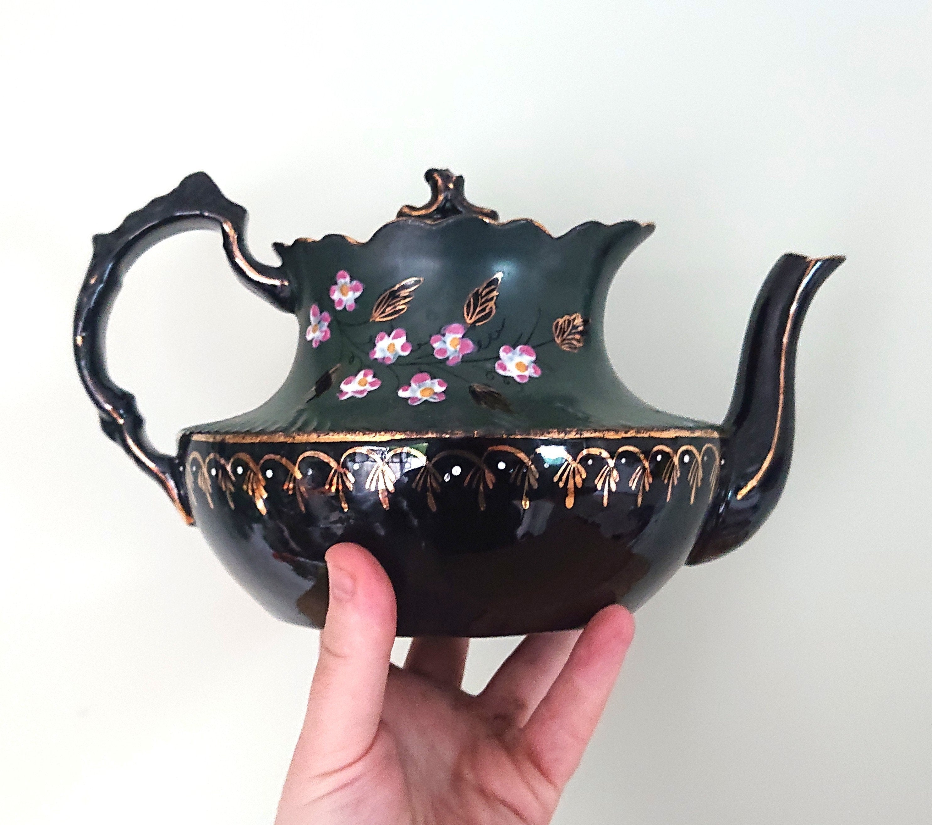 Teapot Antique English Victorian Jackfield Teapot Hand Painted Pansy Decorative Teapot Collectable Ceramic Ornamental