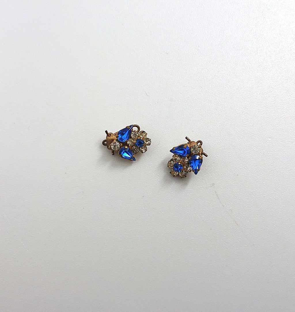 Vintage Earrings Floral Earrings clip on Sapphire and Diamond Rhinestone Costume Jewellery Jewelry Gift for Her