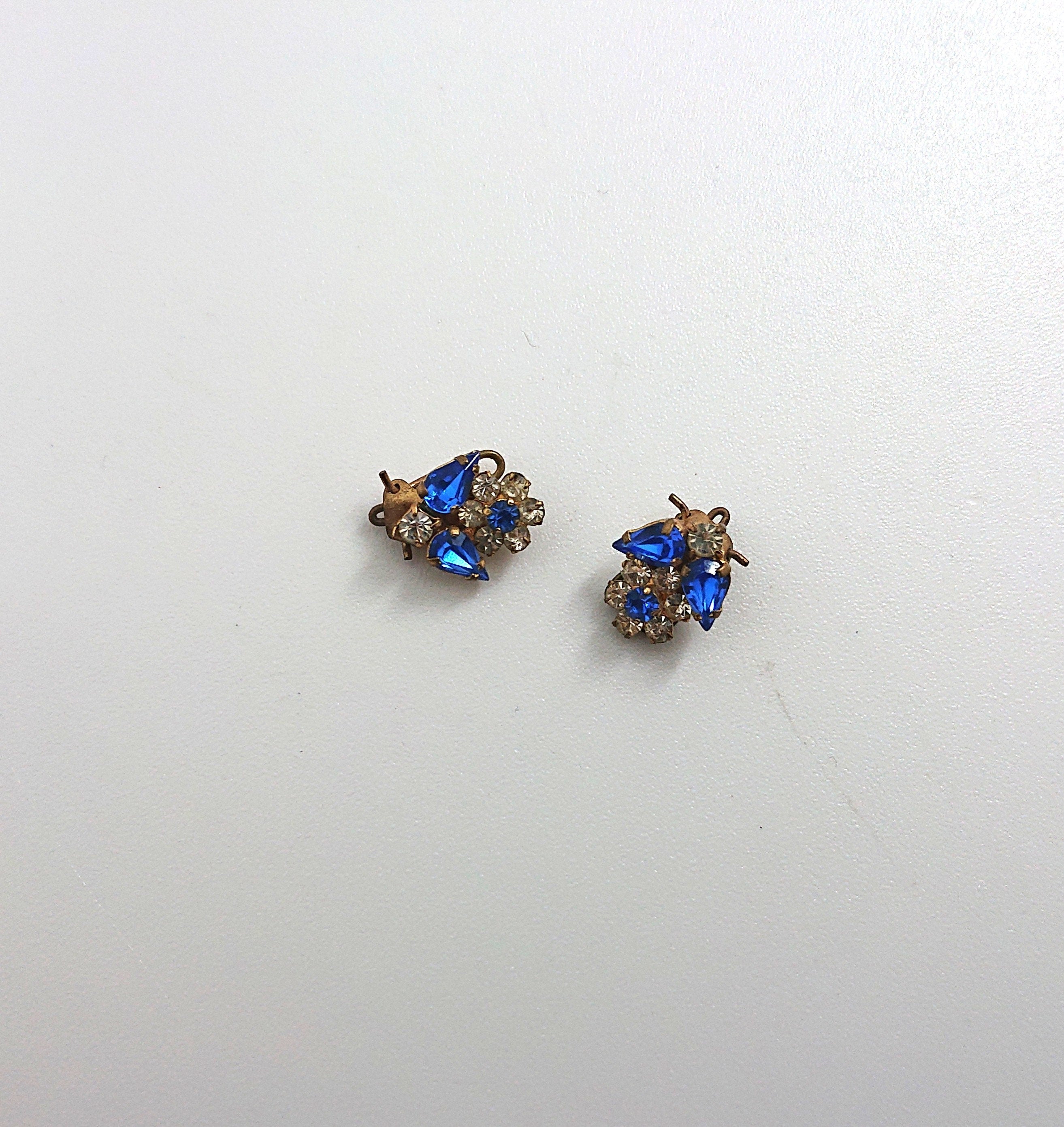 Vintage Earrings Floral Earrings clip on Sapphire and Diamond Rhinestone Costume Jewellery Jewelry Gift for Her