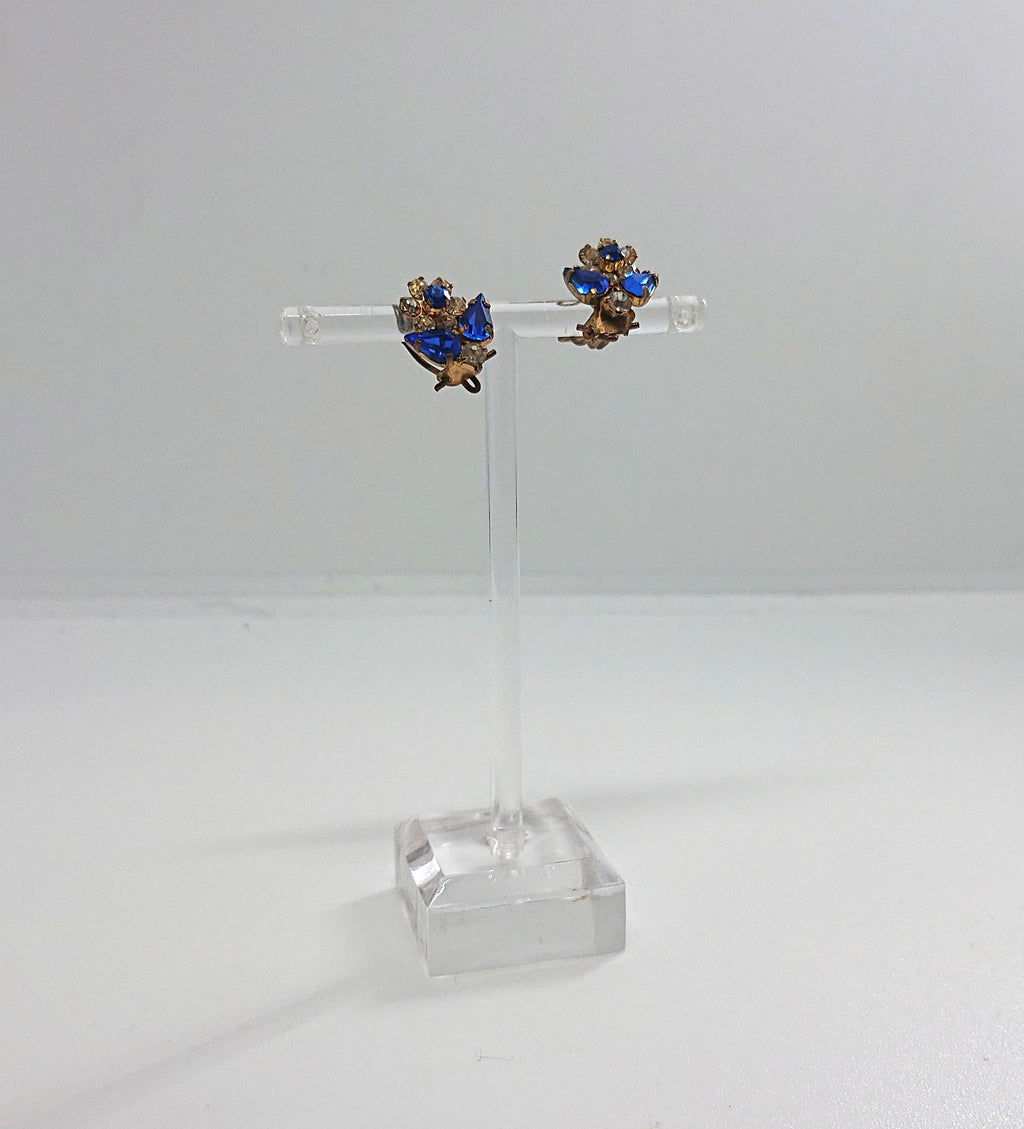 Vintage Earrings Floral Earrings clip on Sapphire and Diamond Rhinestone Costume Jewellery Jewelry Gift for Her