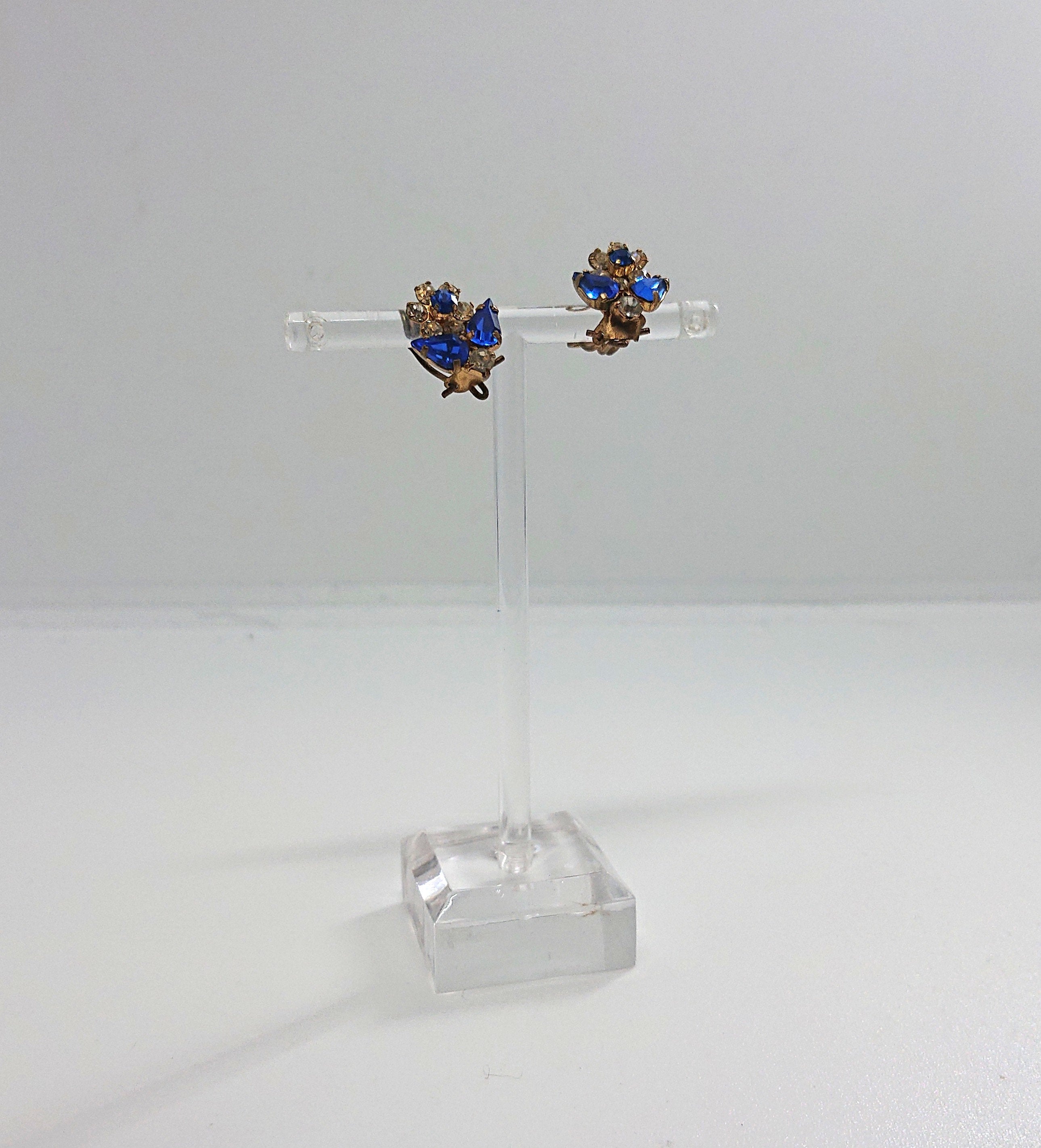 Vintage Earrings Floral Earrings clip on Sapphire and Diamond Rhinestone Costume Jewellery Jewelry Gift for Her
