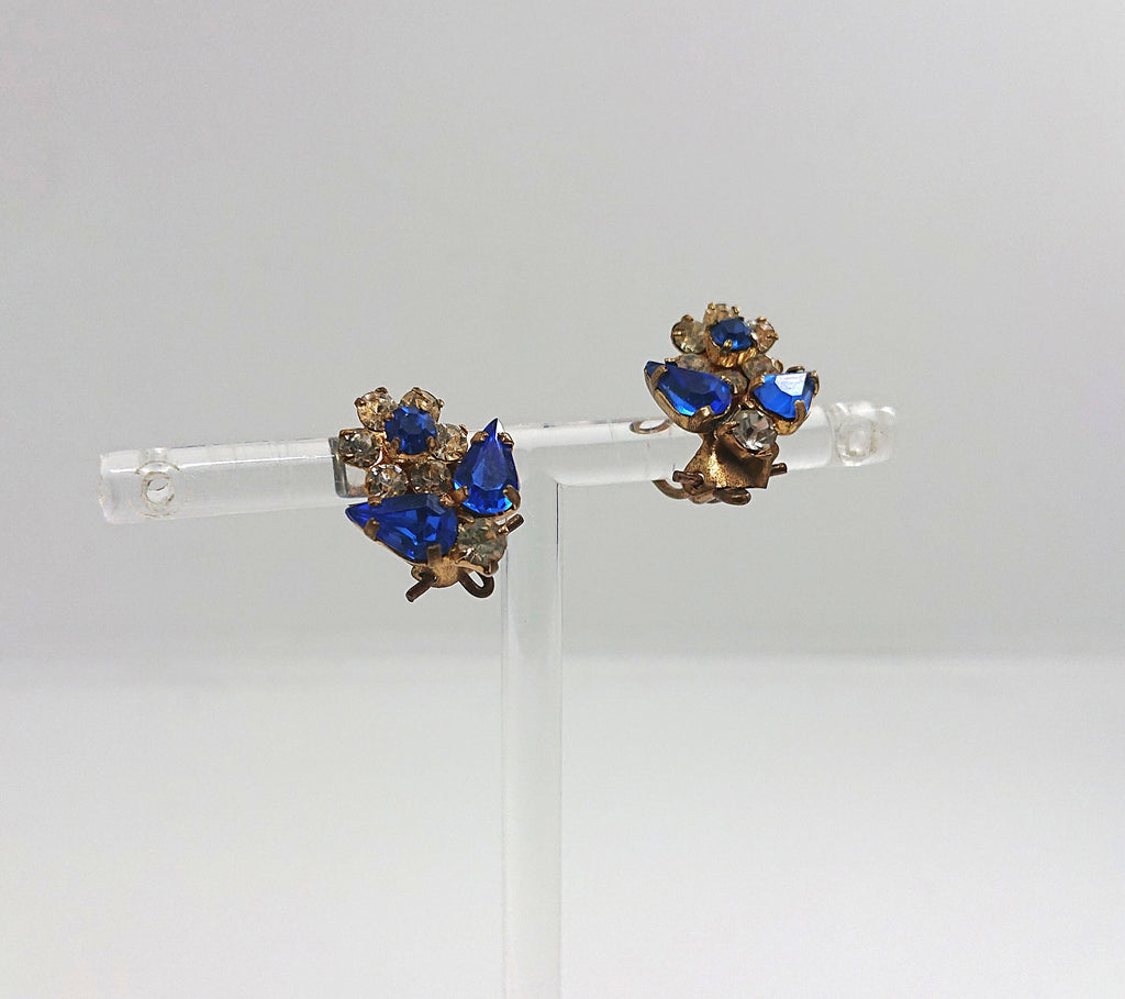 Vintage Earrings Floral Earrings clip on Sapphire and Diamond Rhinestone Costume Jewellery Jewelry Gift for Her