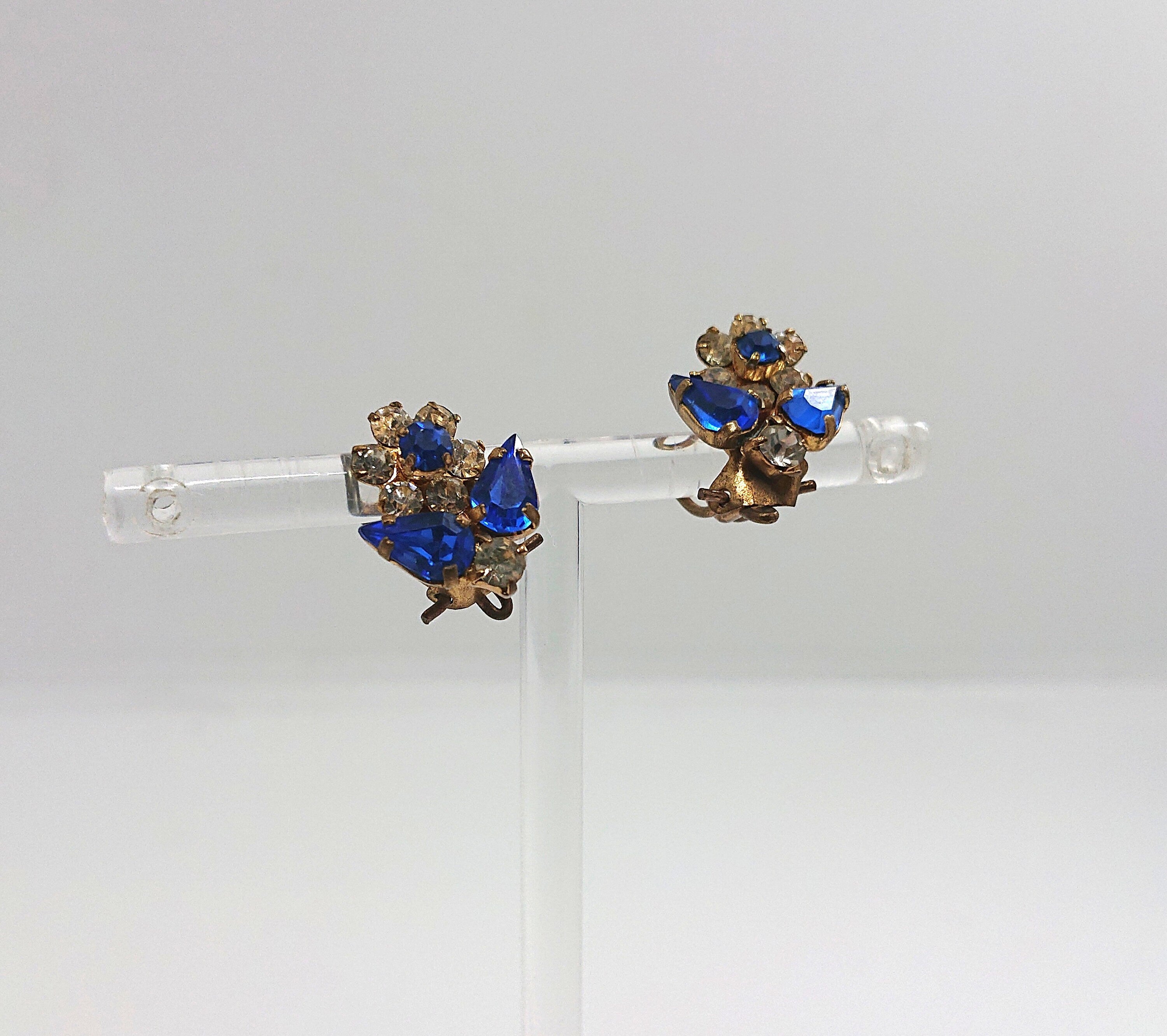 Vintage Earrings Floral Earrings clip on Sapphire and Diamond Rhinestone Costume Jewellery Jewelry Gift for Her