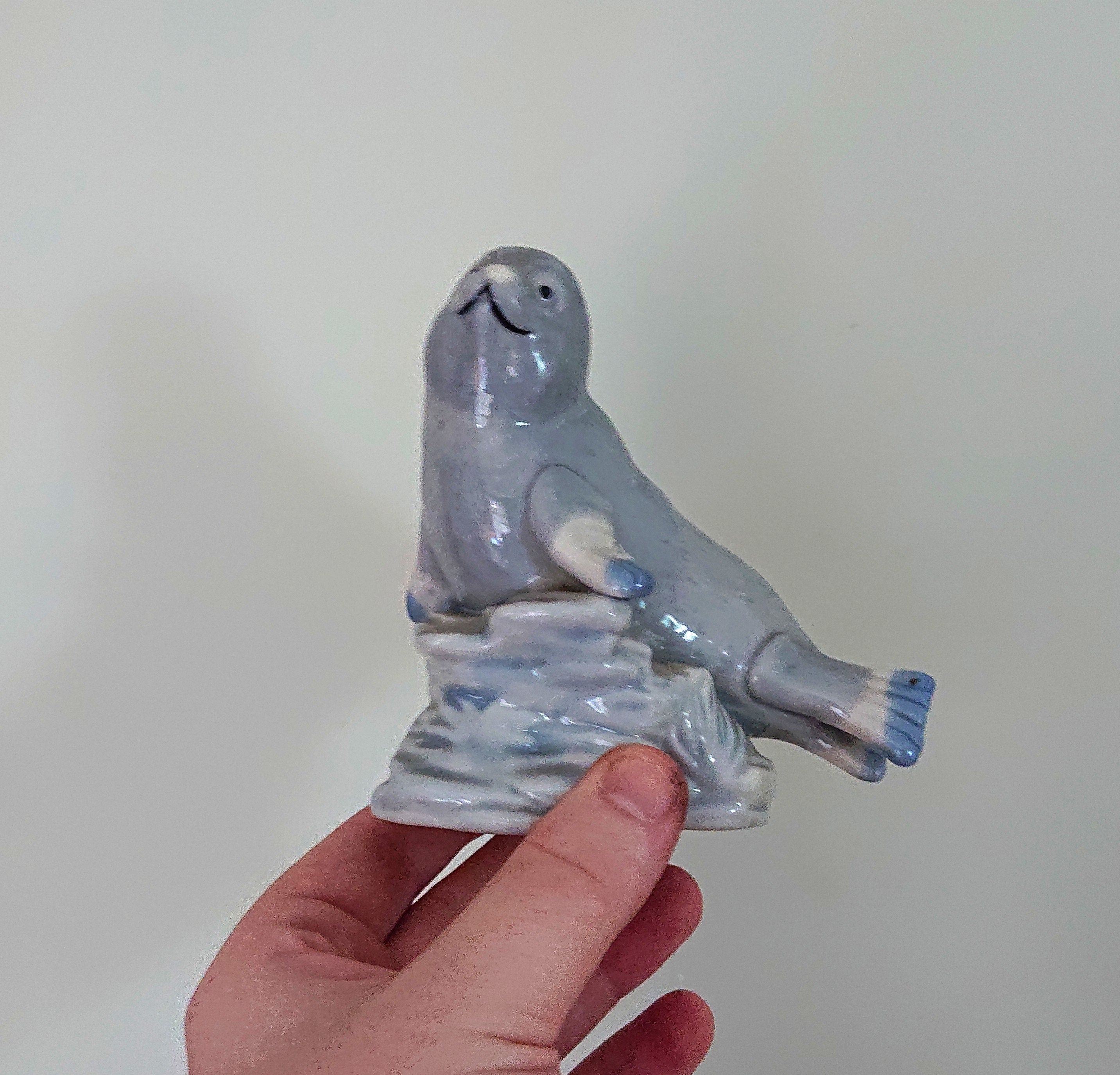 Vintage Seal Figurine Ceramic Marine Animal Kitsch Seal Ornament Artic Grey Seal Pup  Figure Knick Knack