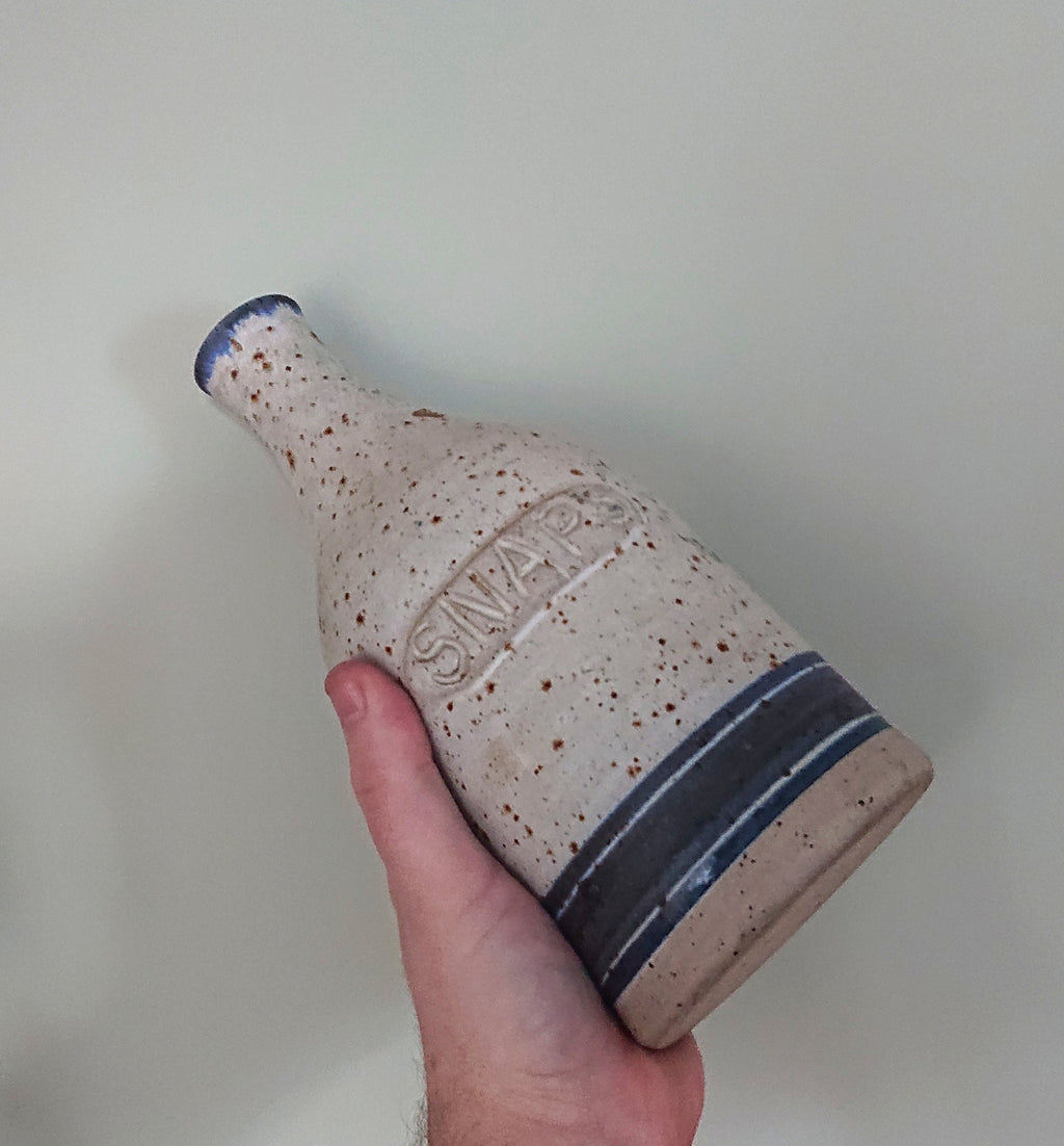 Vintage Snaps Stoneware Bottle SNAPS SCHNAPPS Flask Bottle Denmark Pottery 60s Blue and White Stoneware Jar and Container Flask