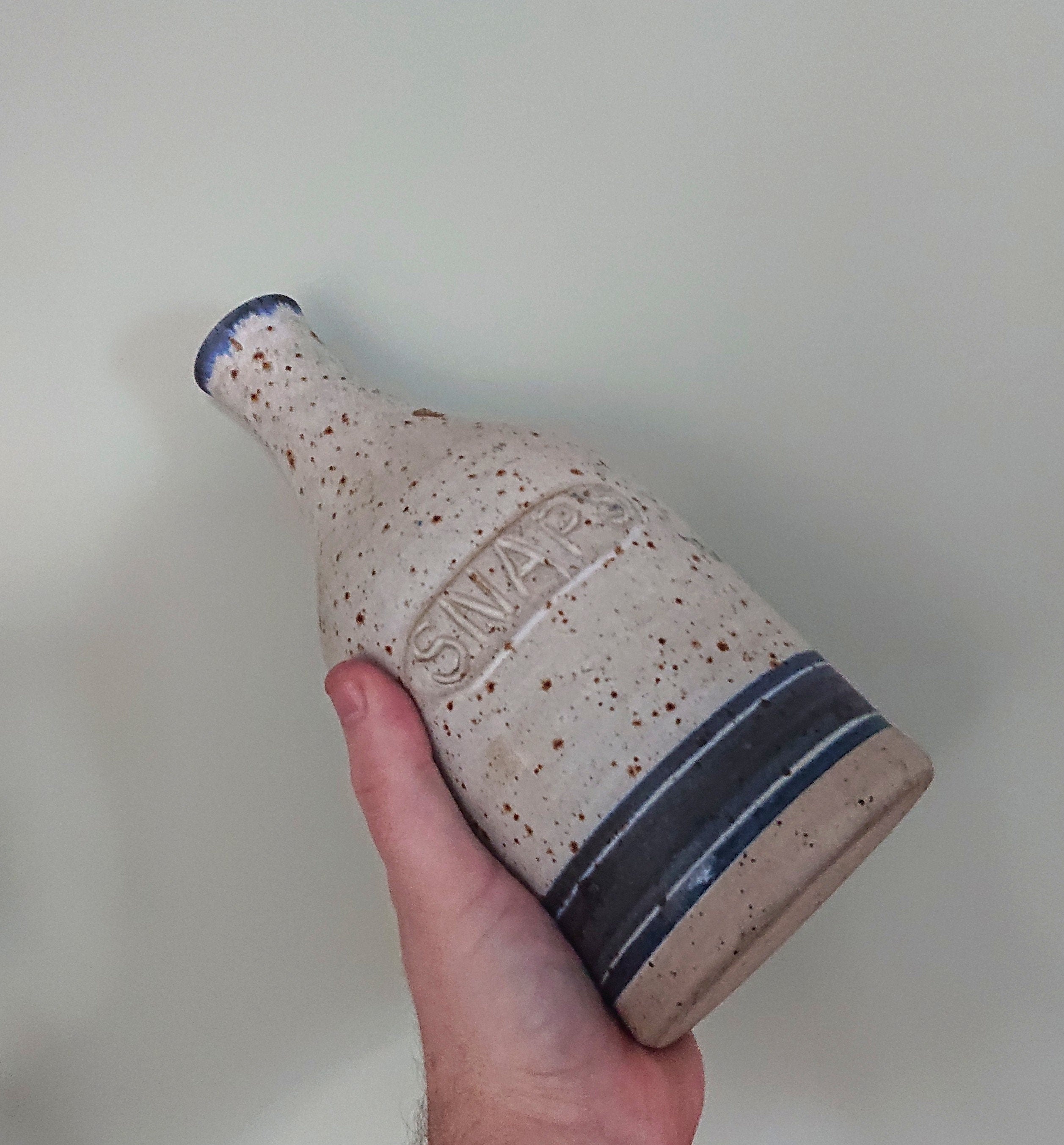 Vintage Snaps Stoneware Bottle SNAPS SCHNAPPS Flask Bottle Denmark Pottery 60s Blue and White Stoneware Jar and Container Flask