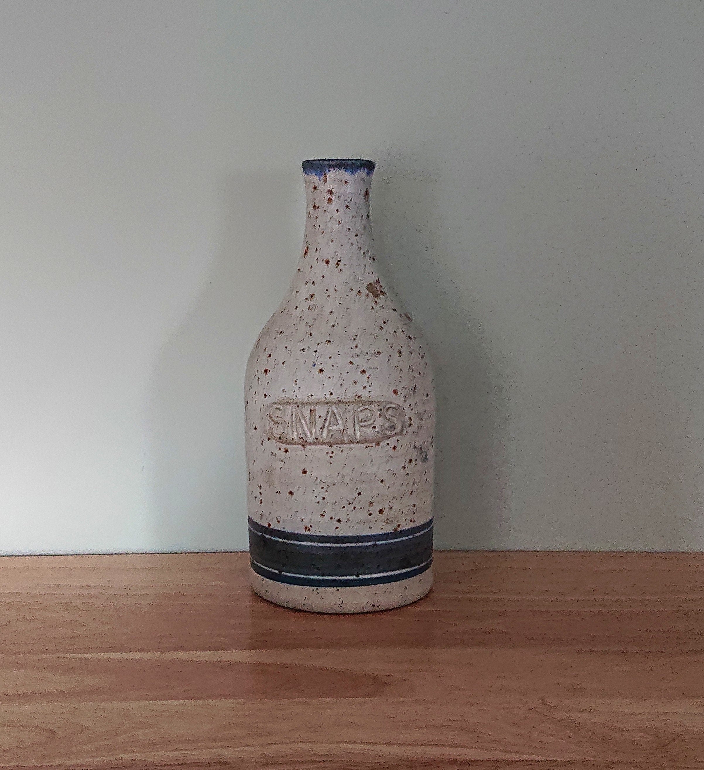 Vintage Snaps Stoneware Bottle SNAPS SCHNAPPS Flask Bottle Denmark Pottery 60s Blue and White Stoneware Jar and Container Flask