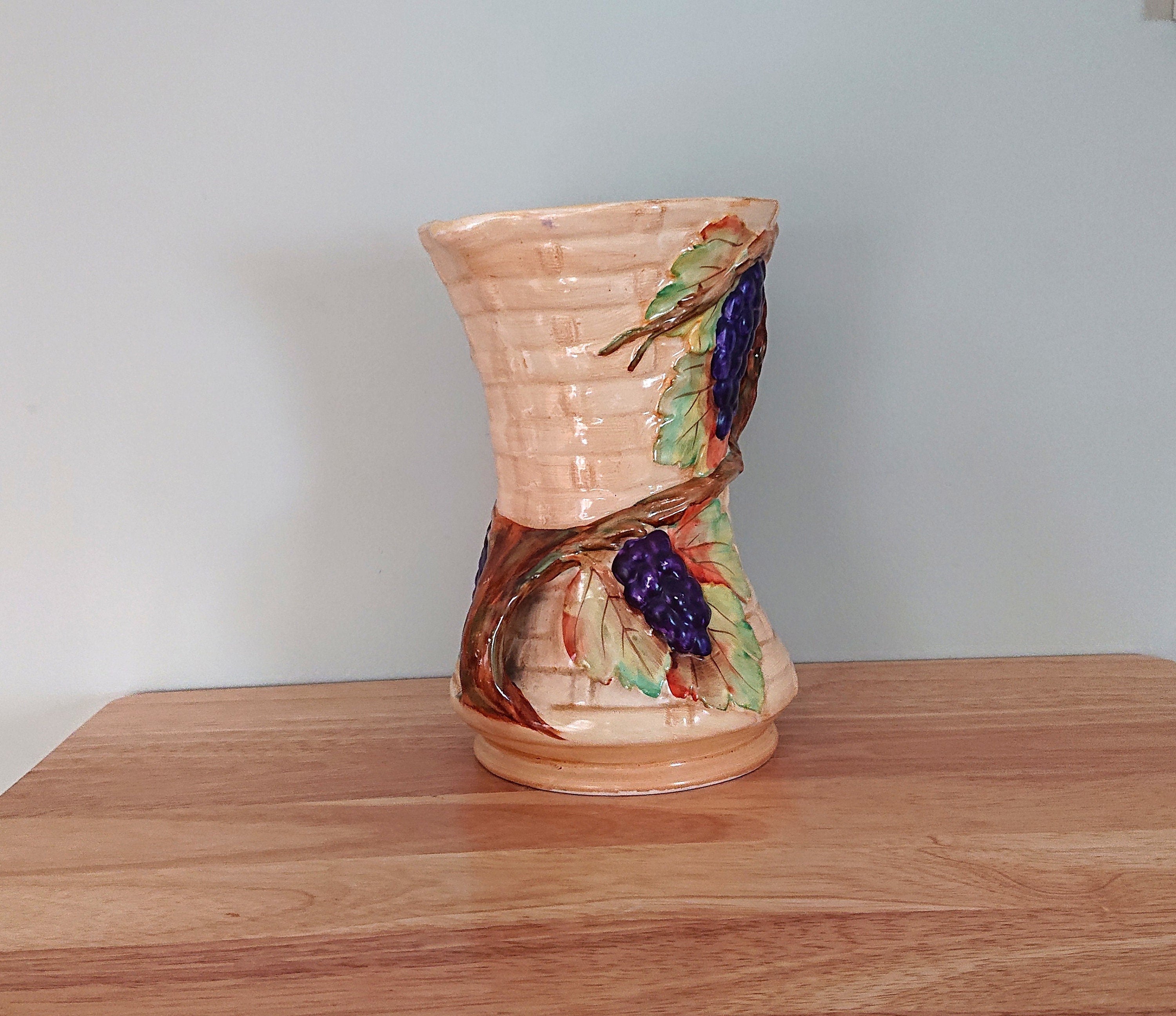 Vintage Jug Hand Painted Art Deco VINE Jug / Vase, Made in England Earthenware Pottery