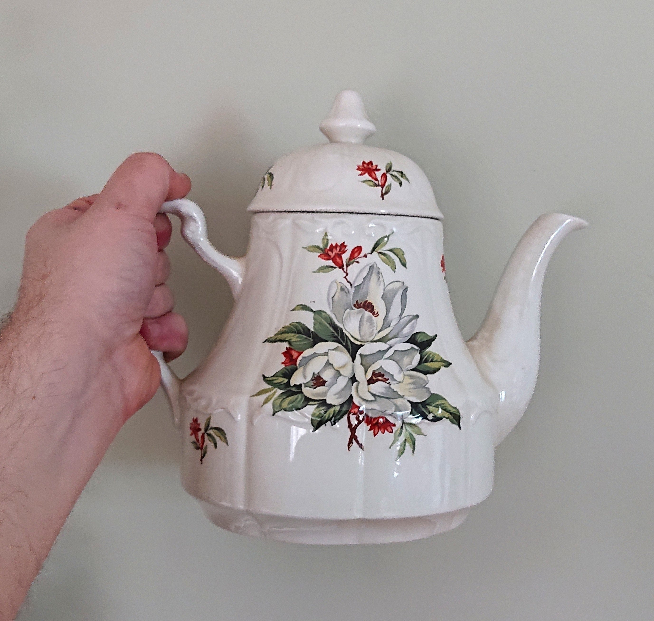 Vintage Floral Teapot White and Red Flowers Afternoon Tea Party Ceramic Teapot Large Decorative Ornamental Teapot Gift