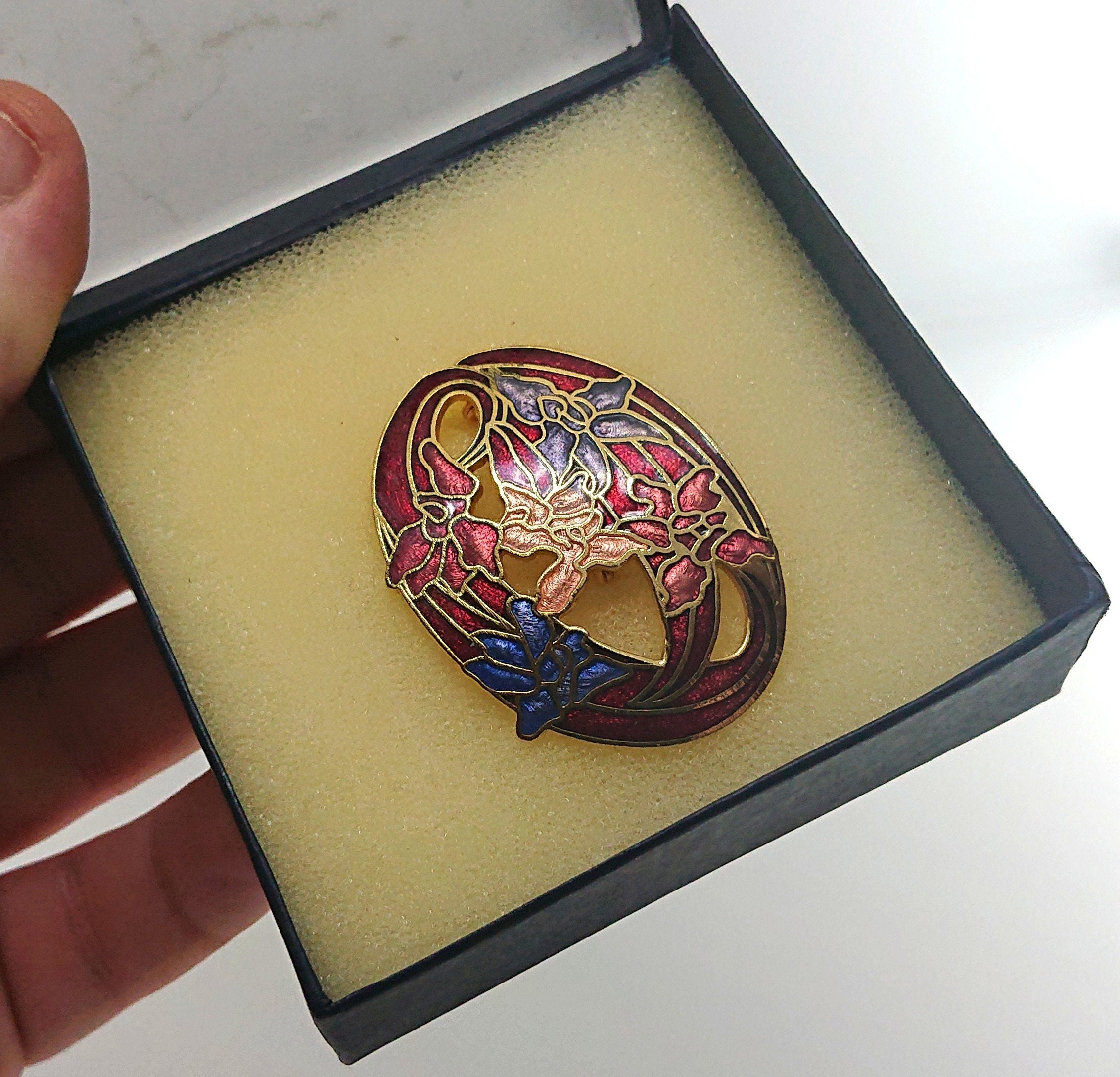 Vintage Brooch Pin Floral Cloisonné Enamel Gold Tone Costume Jewellery Jewelery Boxed Blue Enamel Brooch