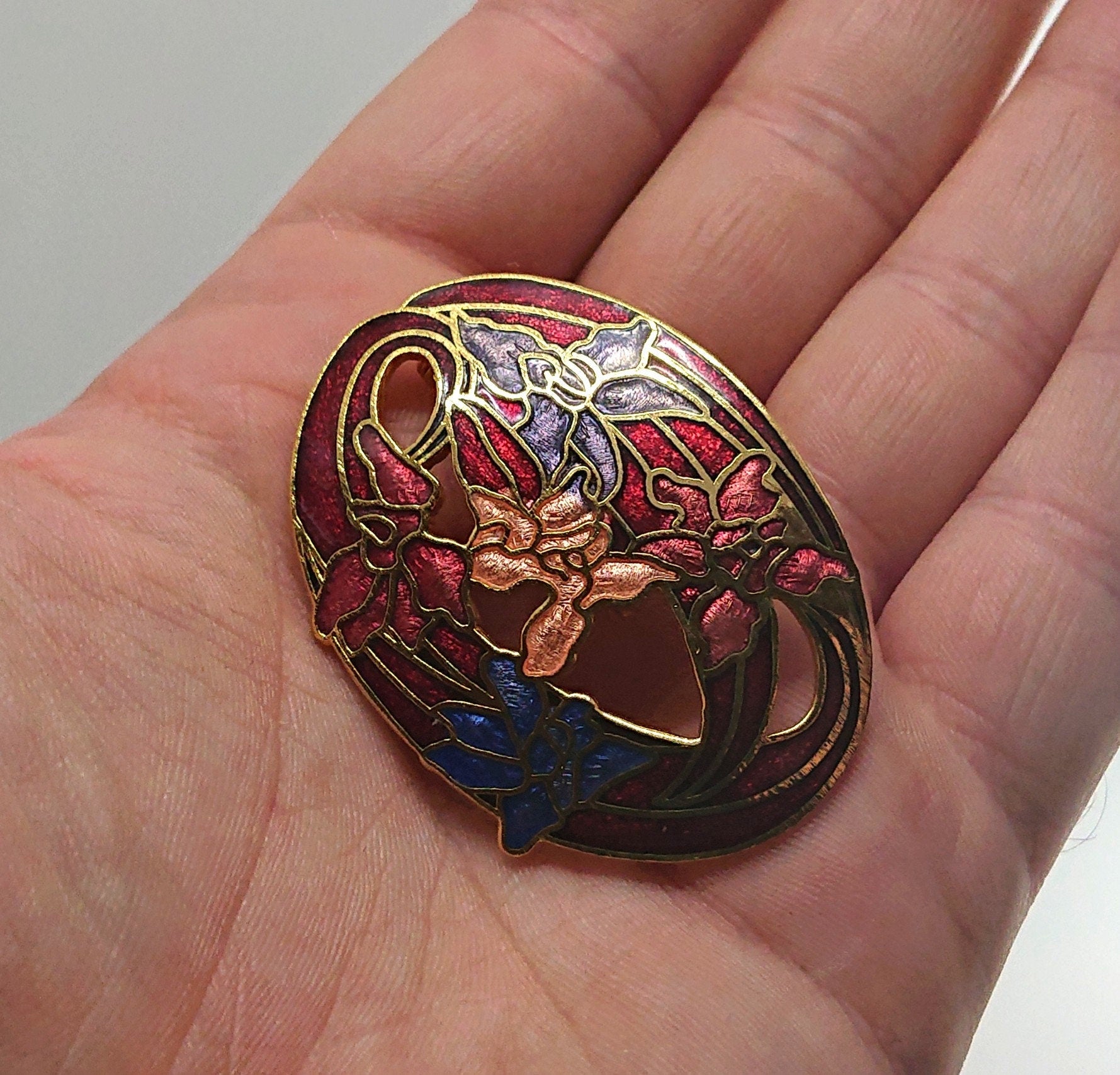 Vintage Brooch Pin Floral Cloisonné Enamel Gold Tone Costume Jewellery Jewelery Boxed Blue Enamel Brooch