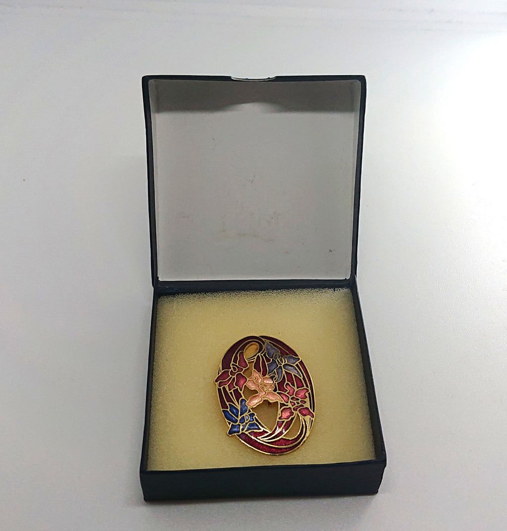 Vintage Brooch Pin Floral Cloisonné Enamel Gold Tone Costume Jewellery Jewelery Boxed Blue Enamel Brooch