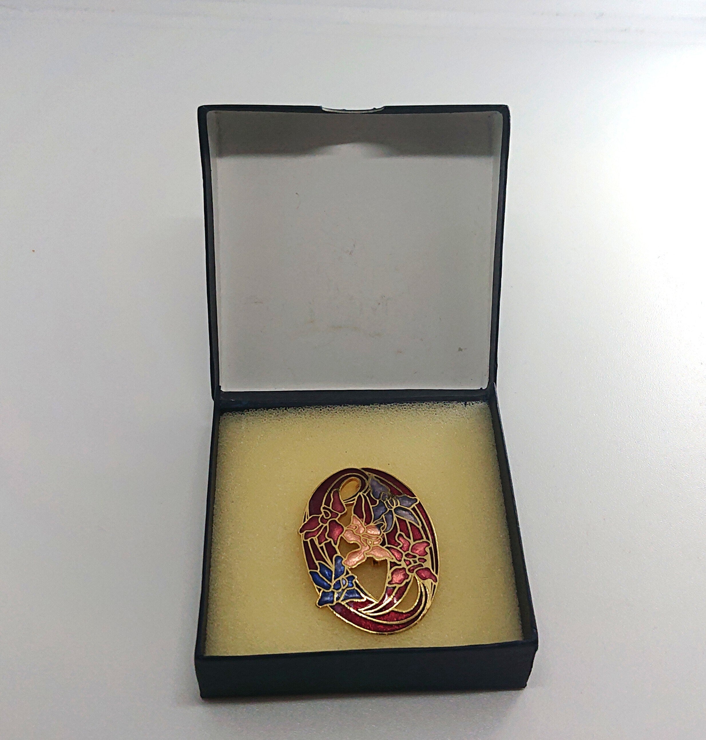 Vintage Brooch Pin Floral Cloisonné Enamel Gold Tone Costume Jewellery Jewelery Boxed Blue Enamel Brooch