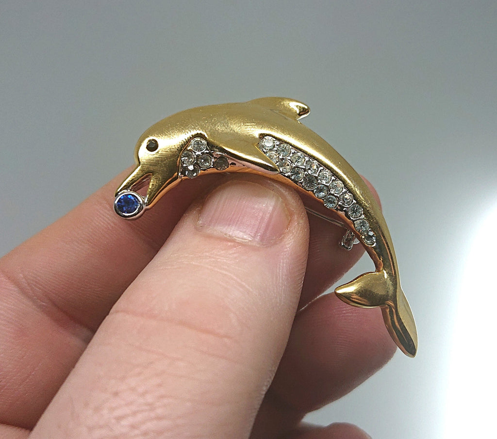 Vintage Brooch Dolphin Gold Tone Metal Diamonte Rhinestone Costume Jewellery Jewelry