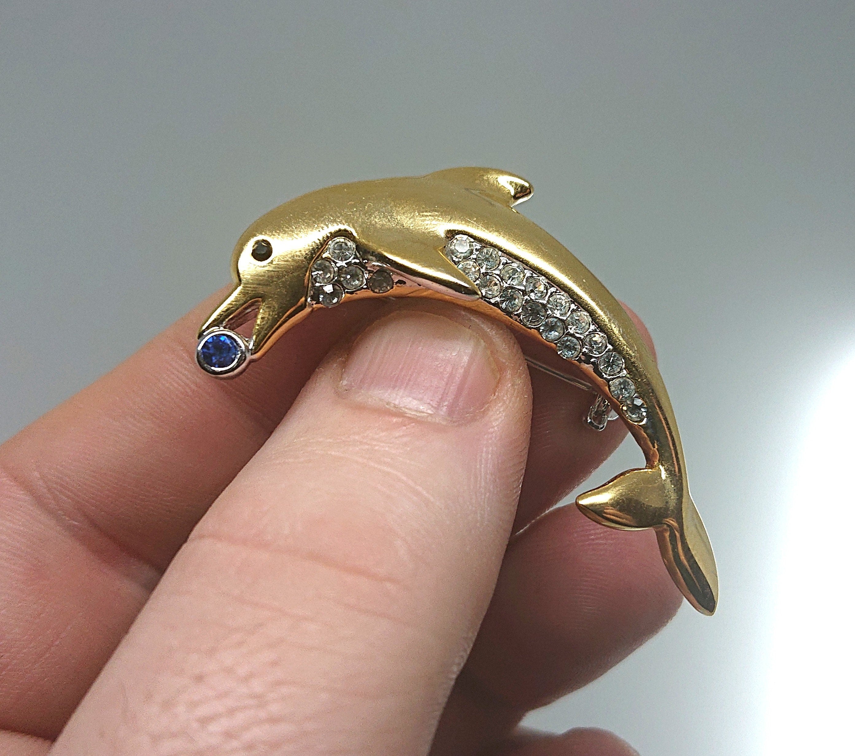 Vintage Brooch Dolphin Gold Tone Metal Diamonte Rhinestone Costume Jewellery Jewelry