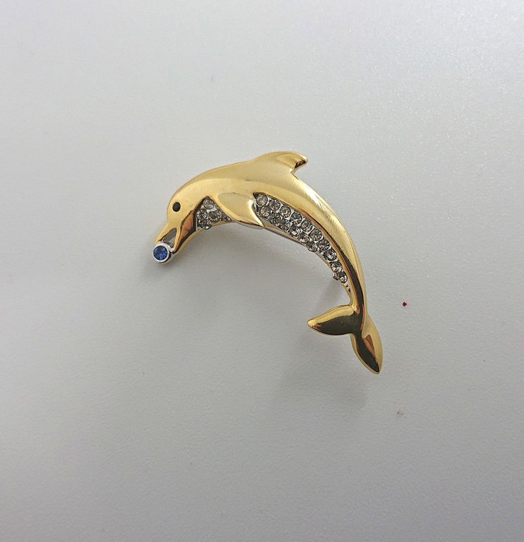 Vintage Brooch Dolphin Gold Tone Metal Diamonte Rhinestone Costume Jewellery Jewelry