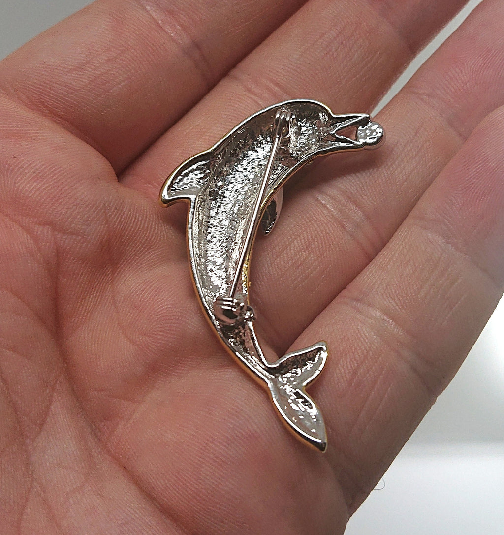 Vintage Brooch Dolphin Gold Tone Metal Diamonte Rhinestone Costume Jewellery Jewelry