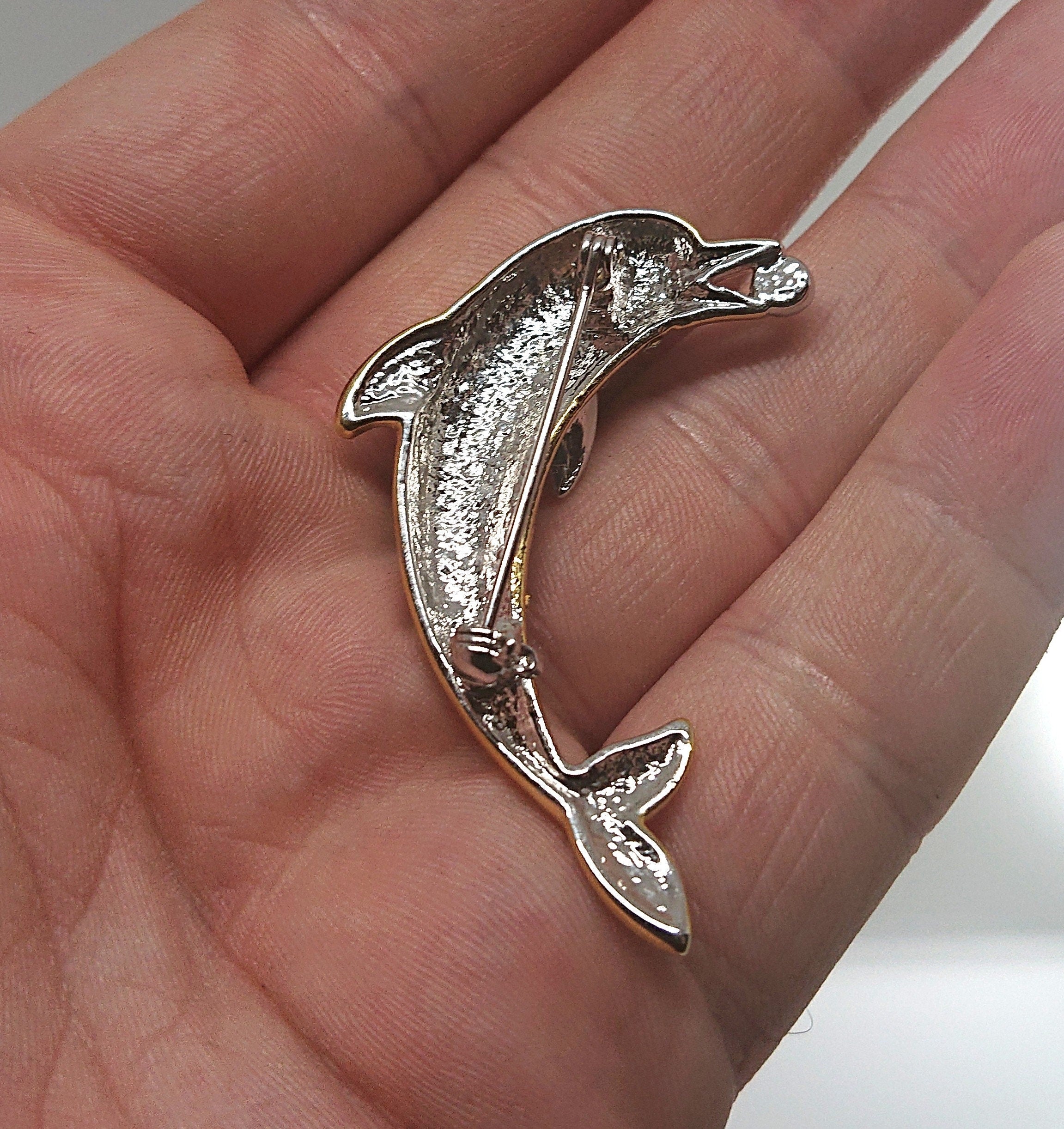 Vintage Brooch Dolphin Gold Tone Metal Diamonte Rhinestone Costume Jewellery Jewelry