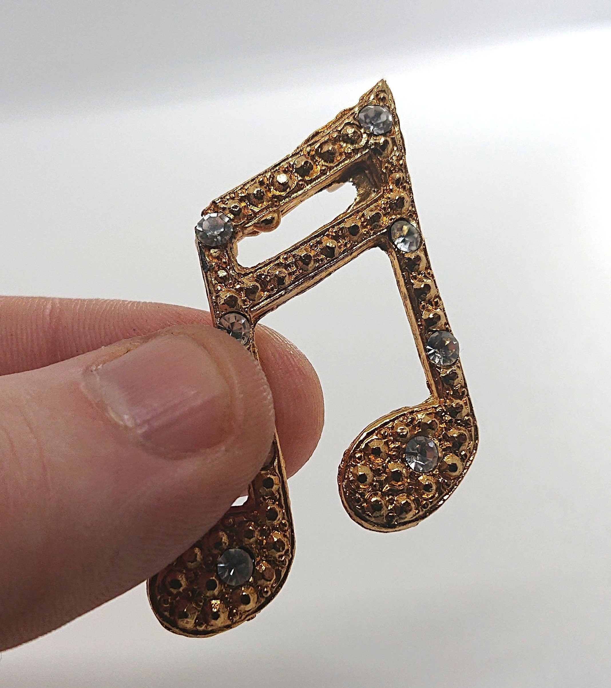 Gold Diamanté Brooch Musical Note Pin Costume Jewellery Vintage Jewelry  Crystal Diamond Pin  Novelty Pin Gold Tone Metal