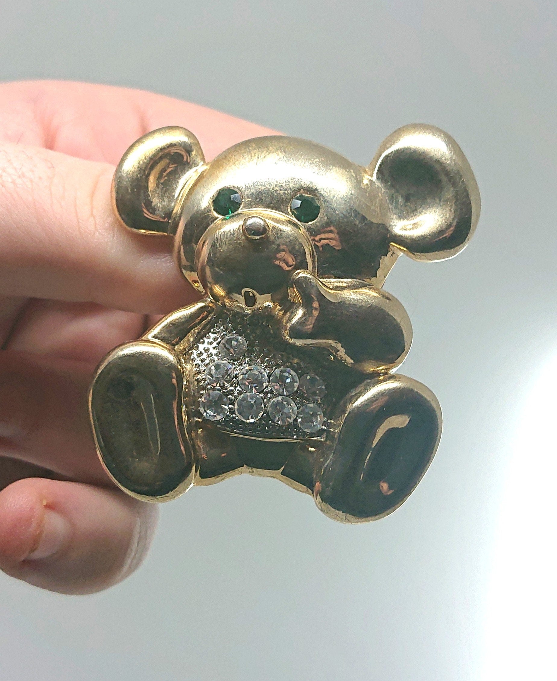 Vintage Bear Brooch Gold Diamond Rhinestone Emerald Chunky Large Bear Novelty Costume Jewellery Jewelry