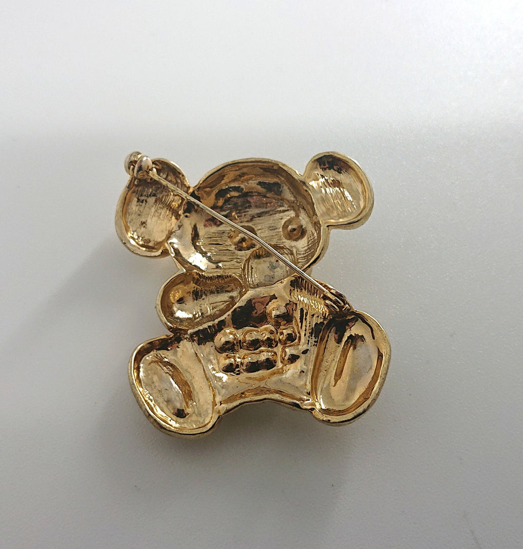 Vintage Bear Brooch Gold Diamond Rhinestone Emerald Chunky Large Bear Novelty Costume Jewellery Jewelry