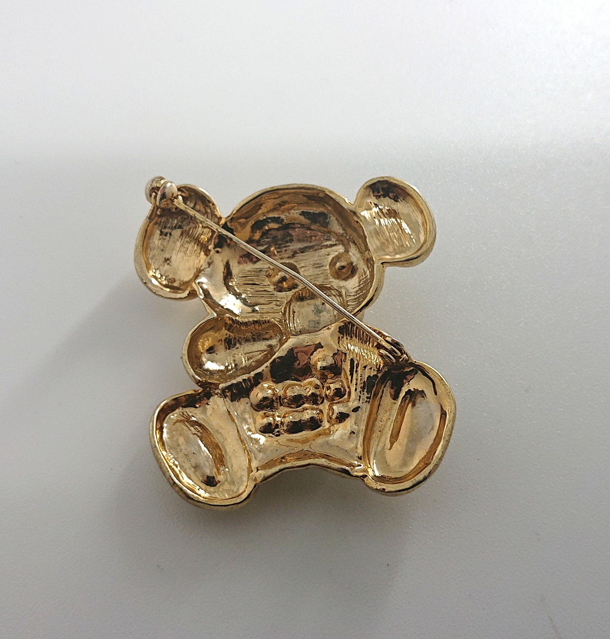 Vintage Bear Brooch Gold Diamond Rhinestone Emerald Chunky Large Bear Novelty Costume Jewellery Jewelry