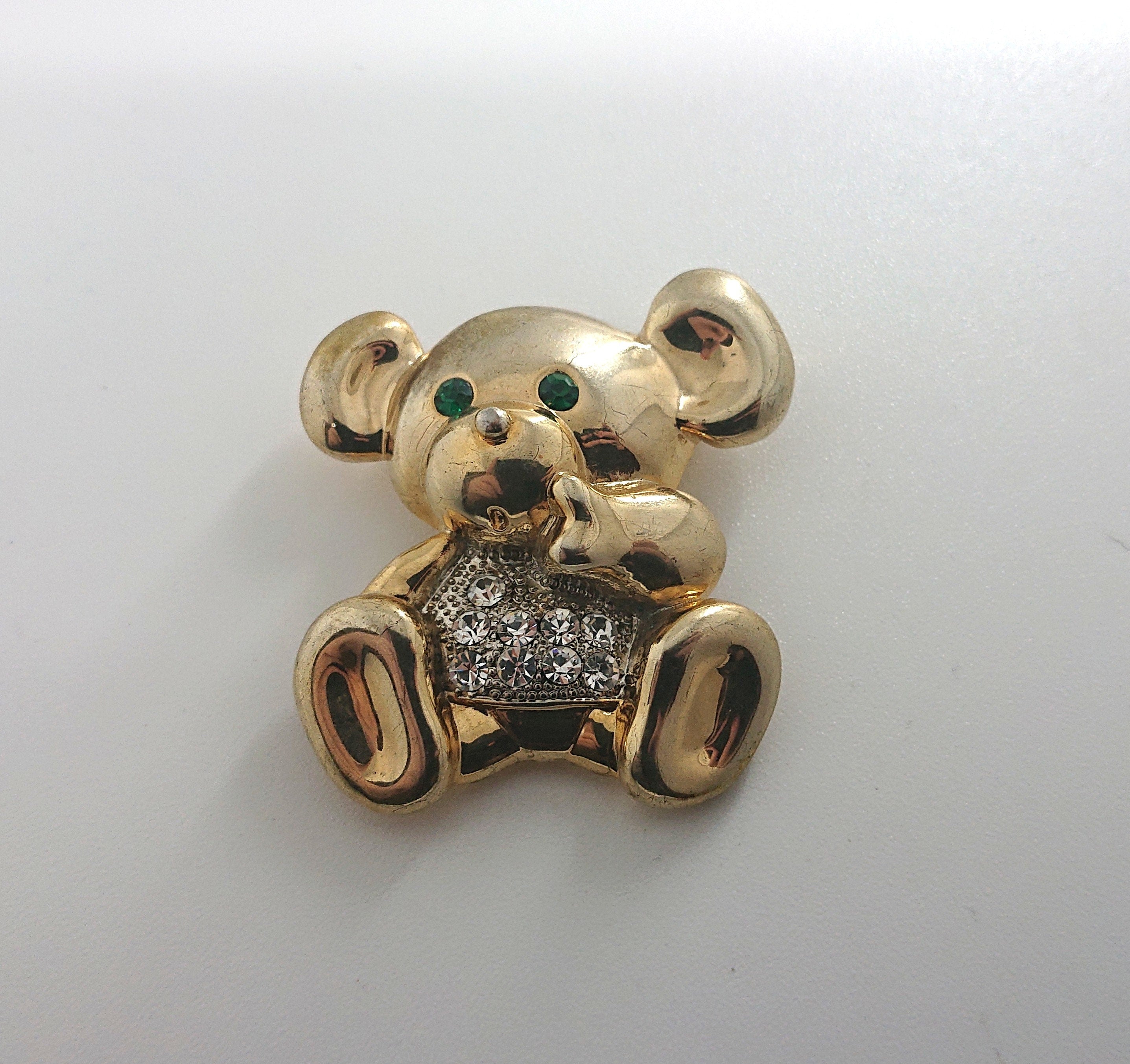 Vintage Bear Brooch Gold Diamond Rhinestone Emerald Chunky Large Bear Novelty Costume Jewellery Jewelry
