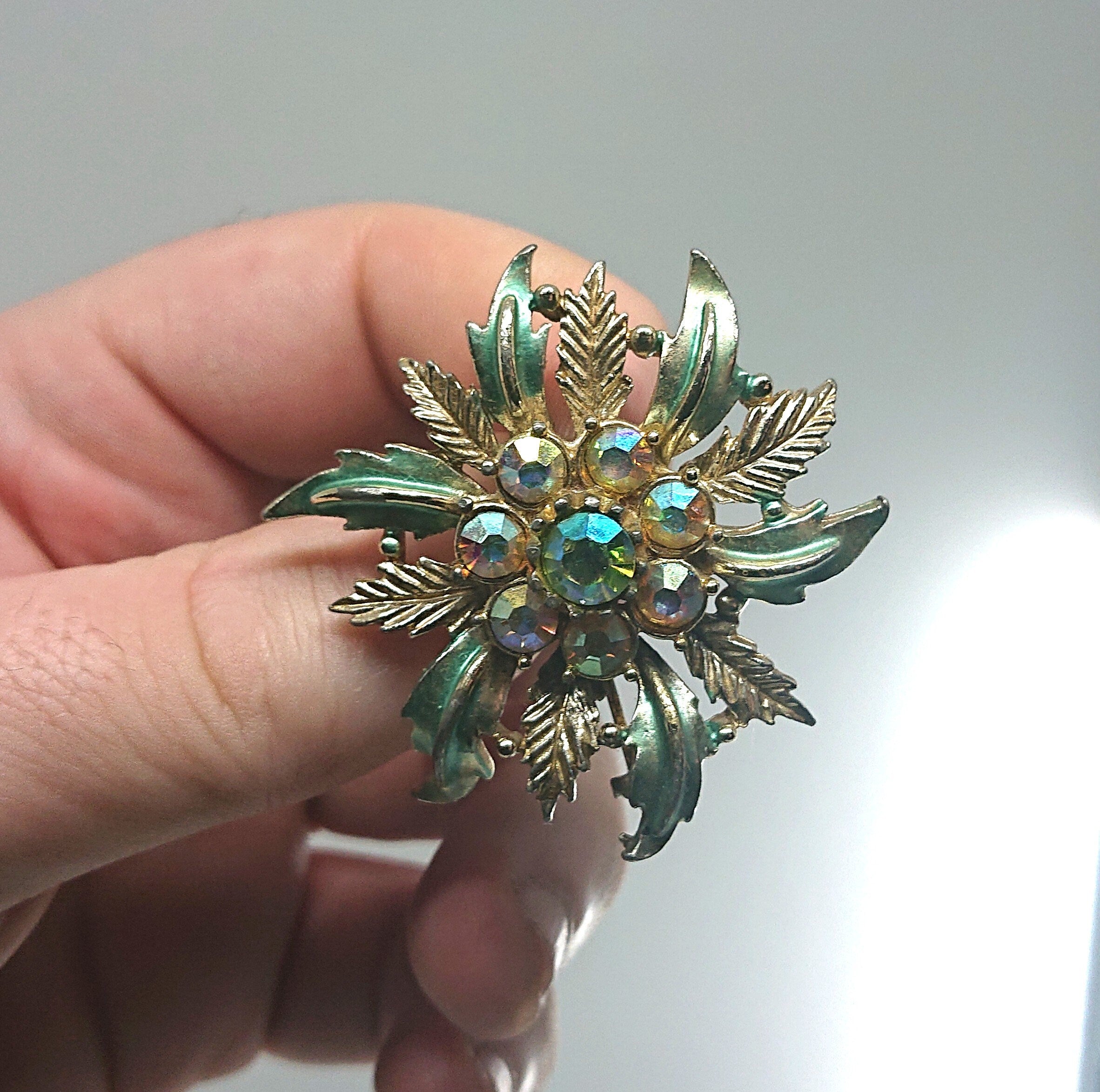 Silver Floral Brooch Vintage Blue Enamel Aurora Borealis Costume Jewellery Jewelry Pin 50's Pin Diamante Rhinestone