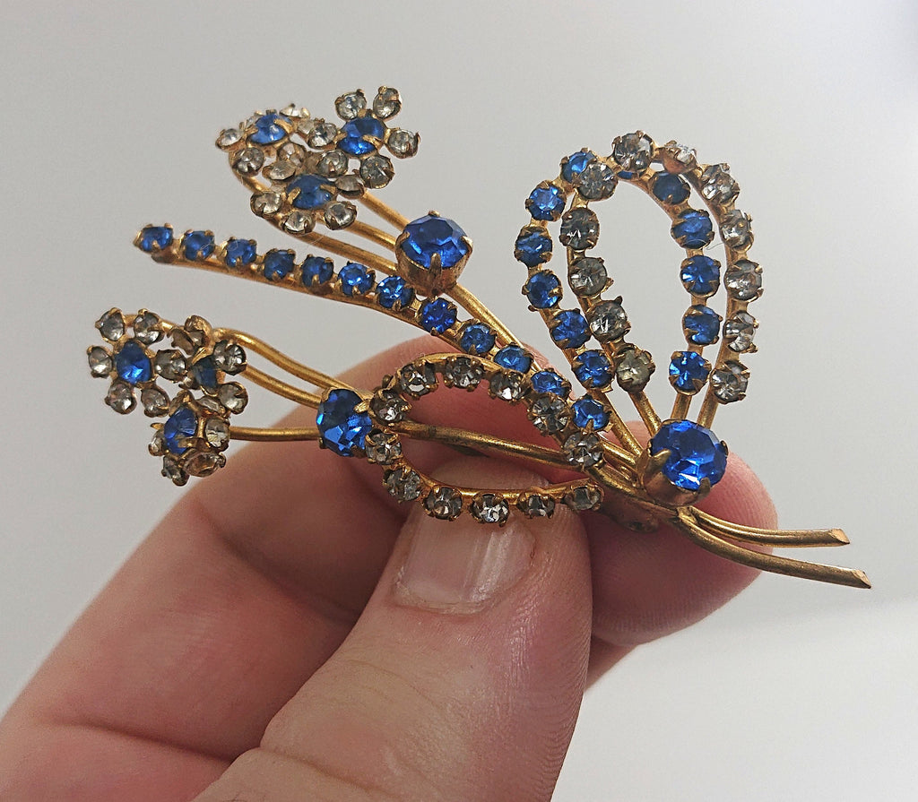 Floral Brooch Vintage Costume Blue and White Rhinestone Floral Spray Brooch Costume Jewellery Jewelry