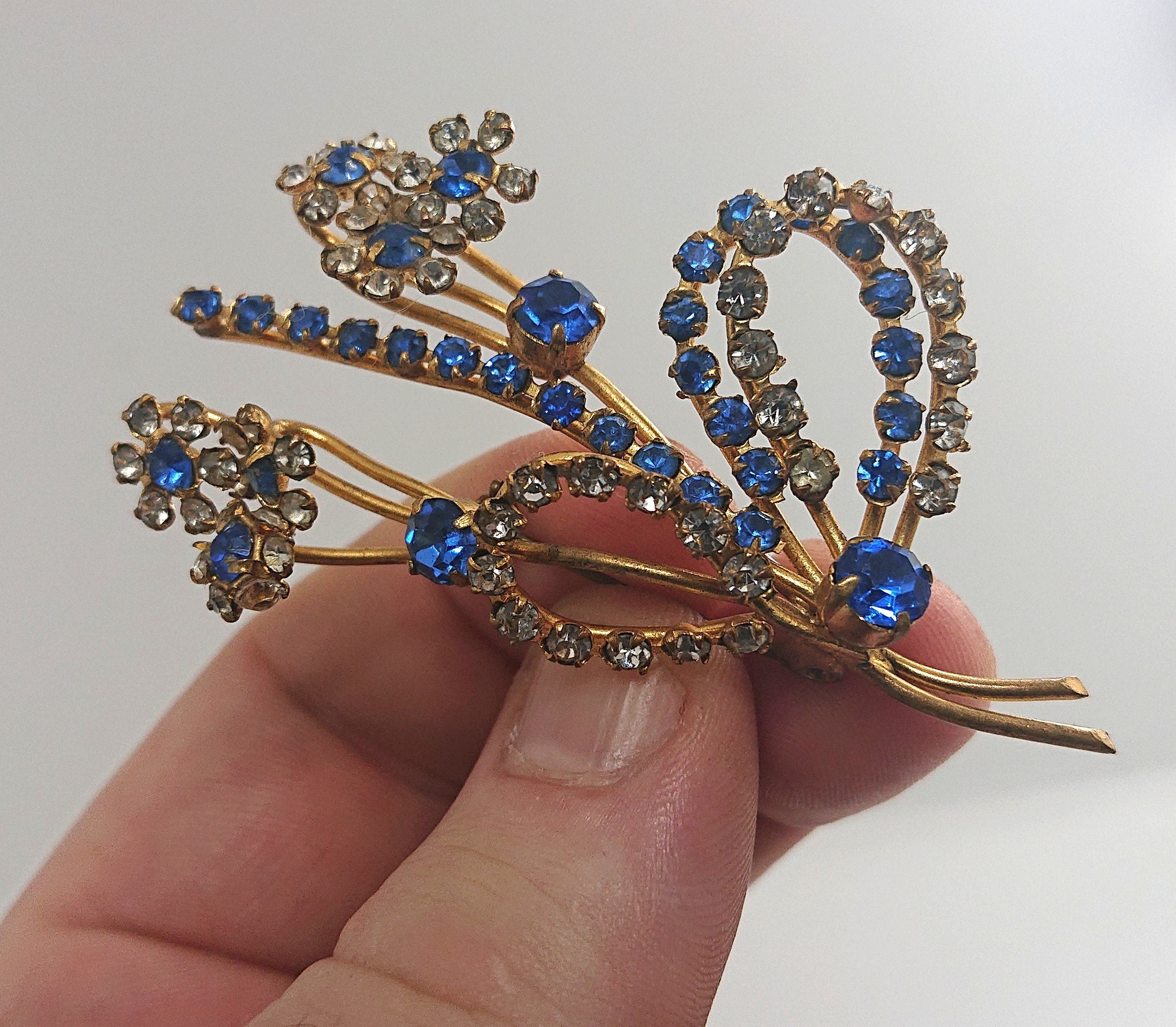 Floral Brooch Vintage Costume Blue and White Rhinestone Floral Spray Brooch Costume Jewellery Jewelry