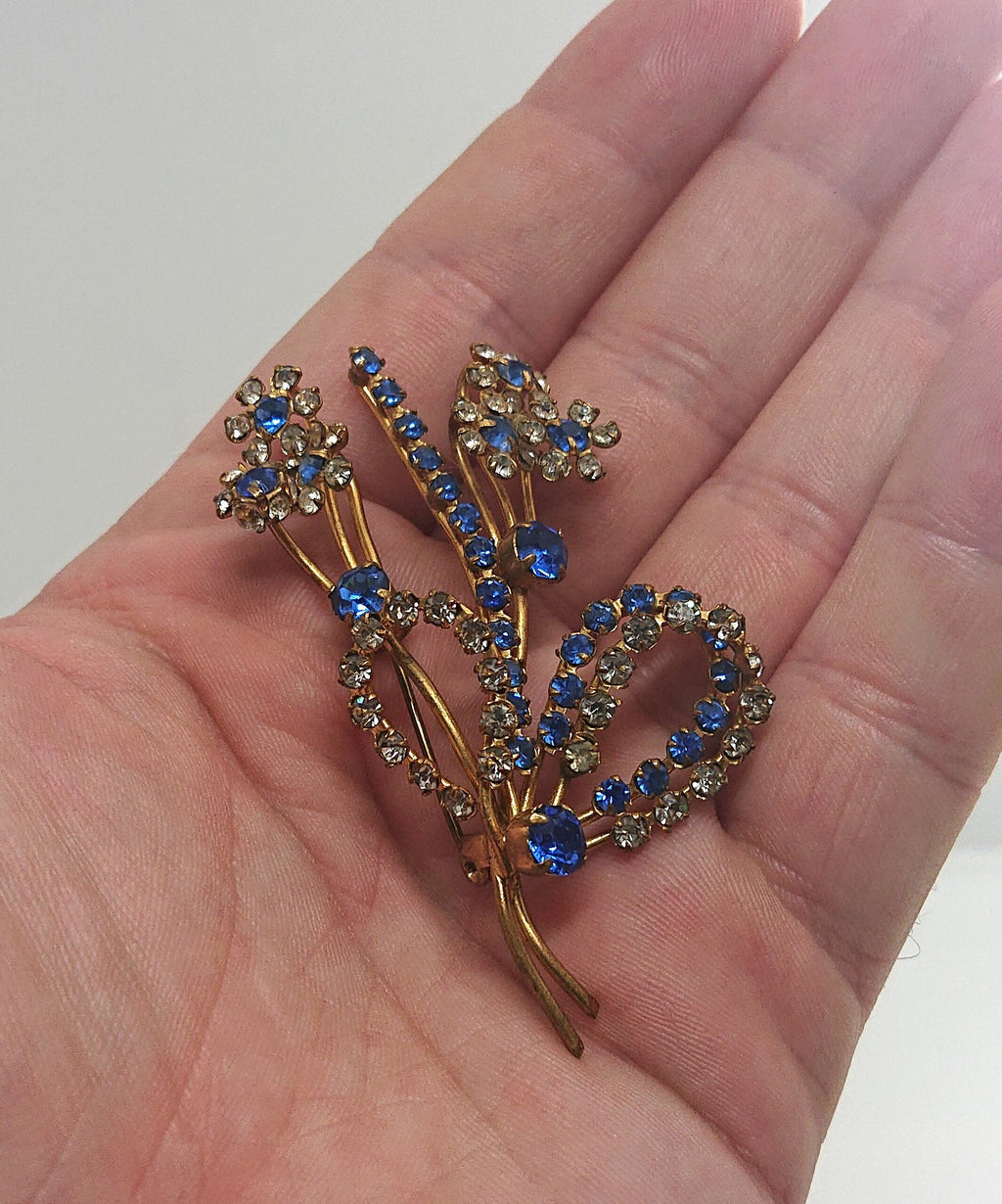 Floral Brooch Vintage Costume Blue and White Rhinestone Floral Spray Brooch Costume Jewellery Jewelry